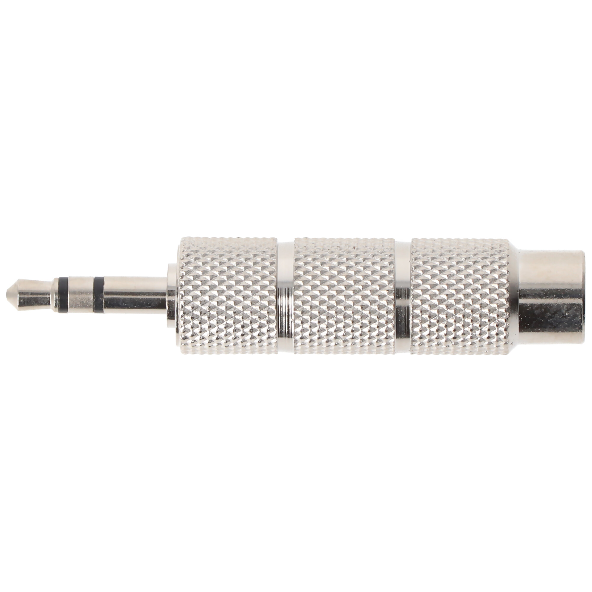 Silberner 3,5-mm-Audio-Klinkenadapter. Zylindrische Form mit strukturierter Grifffläche.