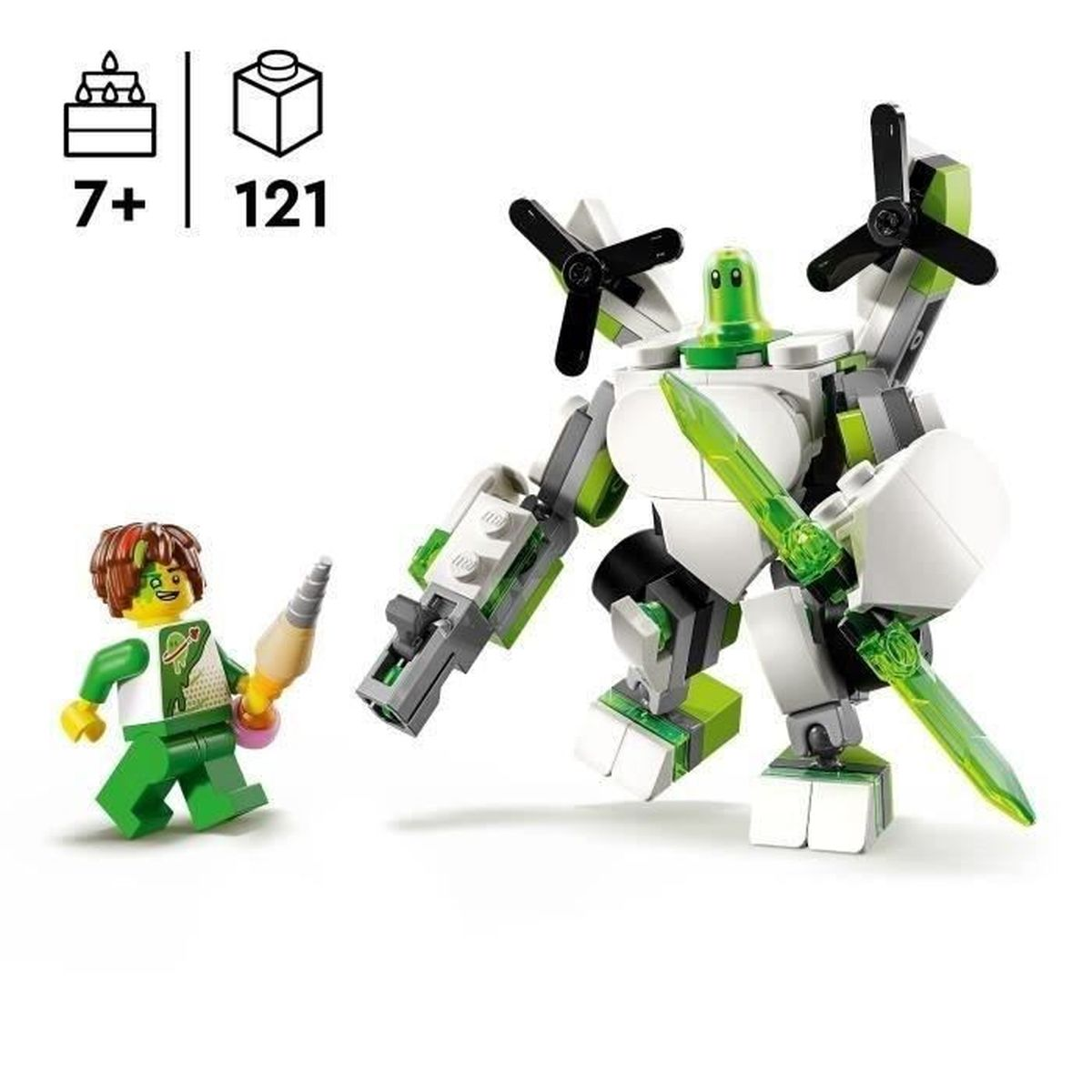 Personaggio LEGO con un robot. Il personaggio LEGO è verde e bianco. Il robot è verde e bianco con eliche.