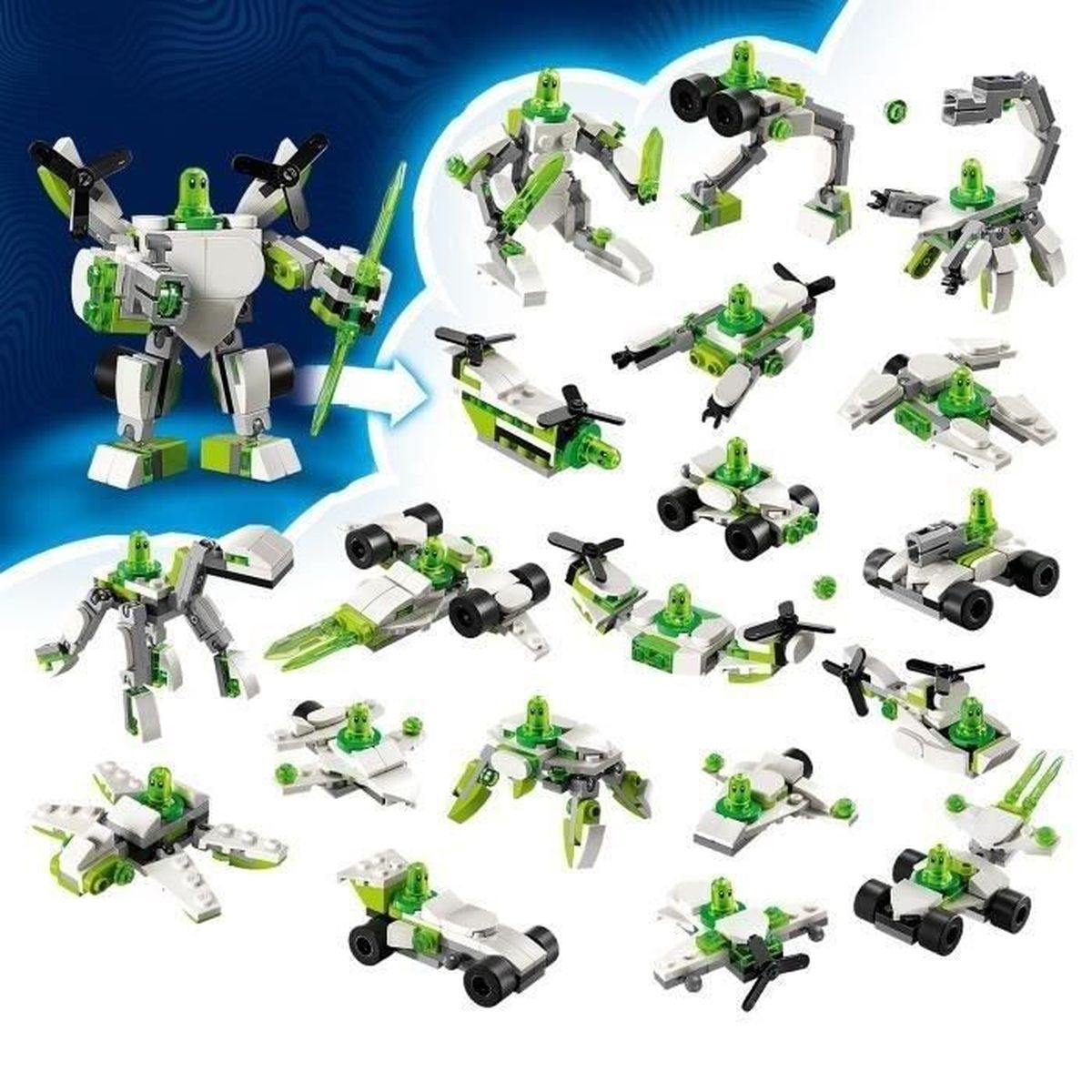 Assortimento di piccoli robot e veicoli giocattolo, in bianco, verde e nero.