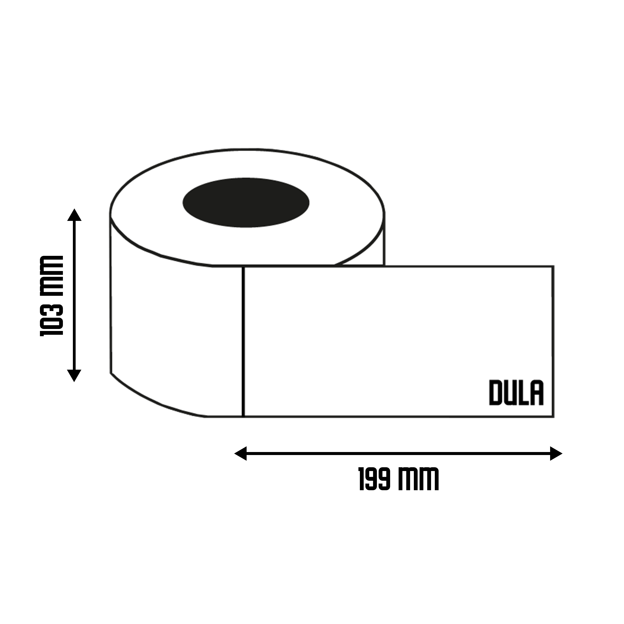 Rol witte etiketten, afmetingen 103 mm x 199 mm. DULA-logo.