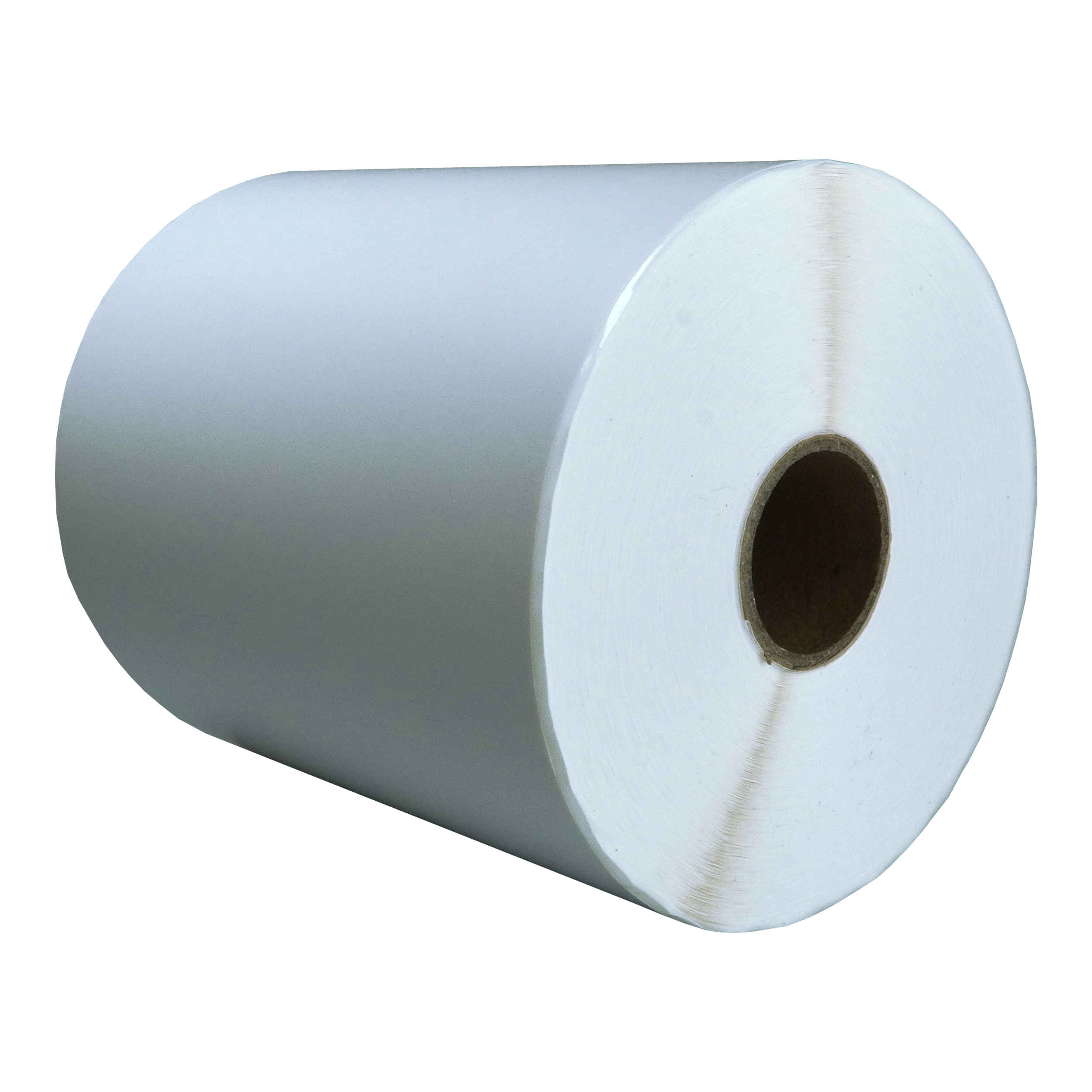 Een witte papieren rol met een bruine kern wordt getoond. De rol is grotendeels wit.