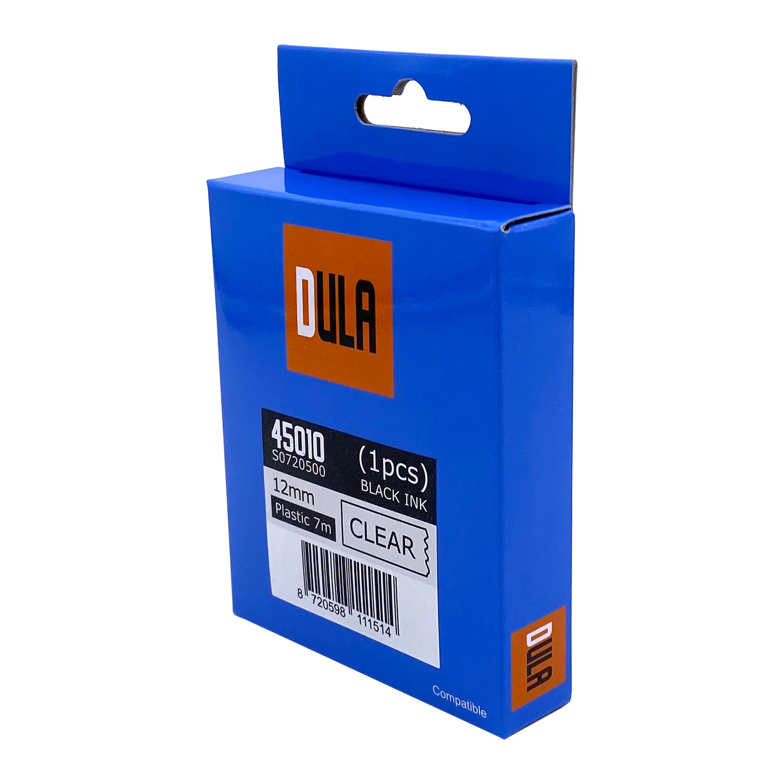 Blue box of label tape. Text: DULA, 45010, 12mm, Plastic 7m, BLACK INK, CLEAR.