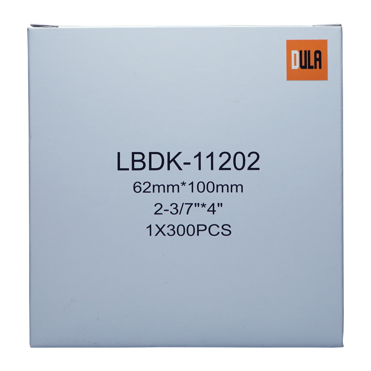 Witte doos met het label 'LBDK-11202', met tekst die afmetingen en hoeveelheid aangeeft, en een 'DULA'-logo.