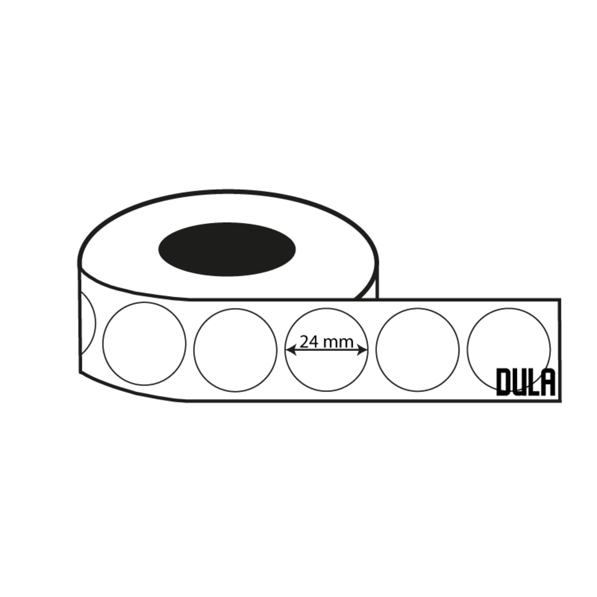Witte etikettapelrol met cirkelvormige labels, 24 mm diameter, met DULA-logo.