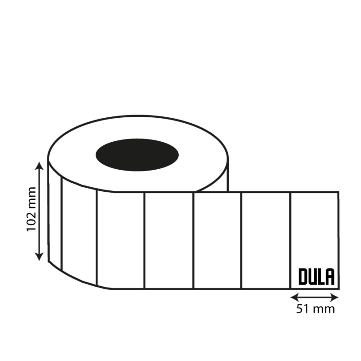 Een witte labelrol met zwarte omtrek, 102 mm x 51 mm.