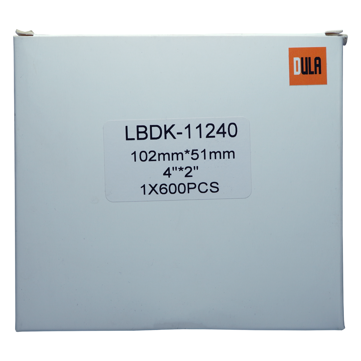 Witte doos met label, tekst en afmetingen, met labeldetails.