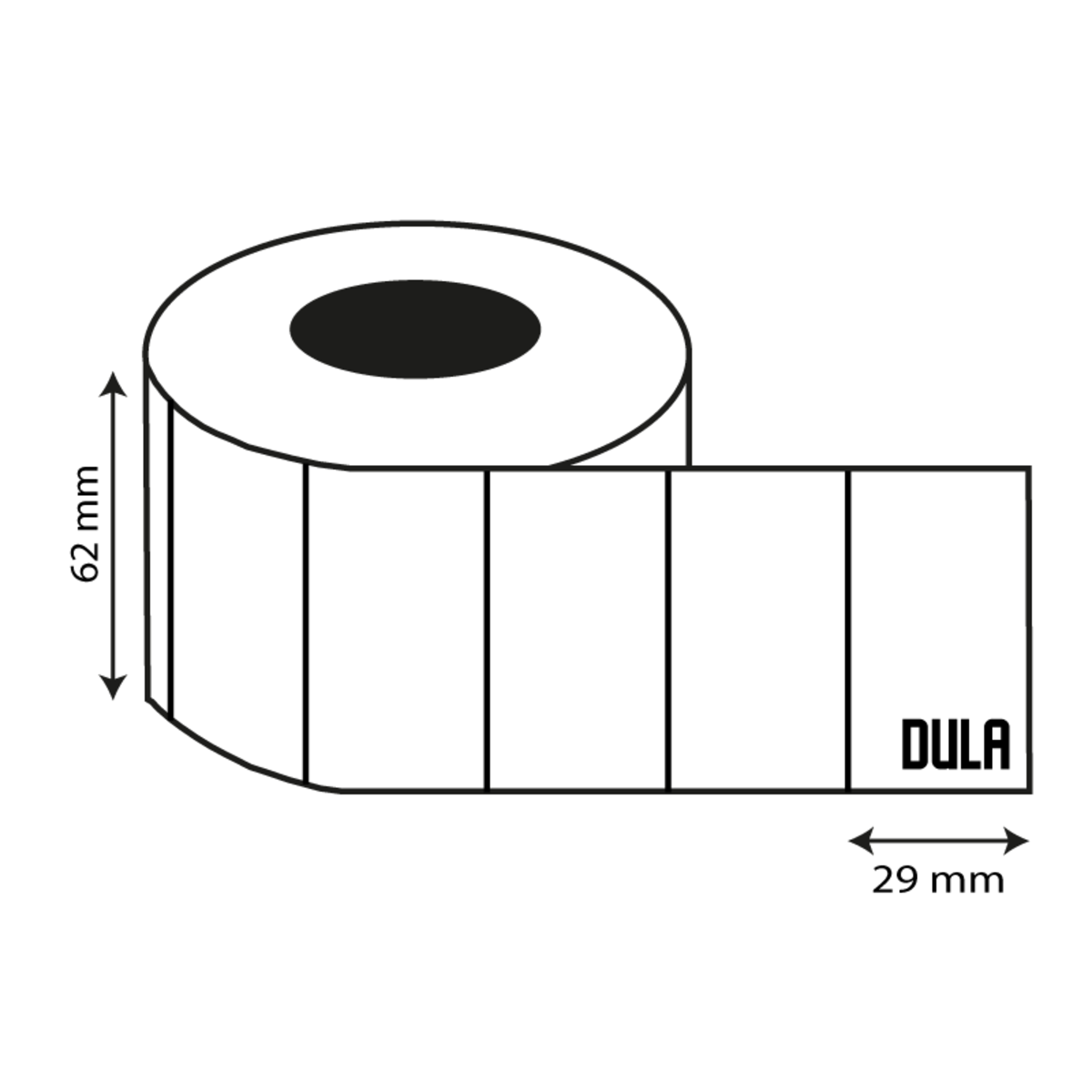 Een diagram van een labelrol. De labels hebben afmetingen van 62 mm x 29 mm.