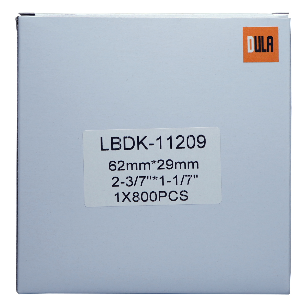 Witte labeldoos met details: LBDK-11209, 62mm*29mm, 2-3/7"*1-1/7", 1X800PCS en DULA-logo.