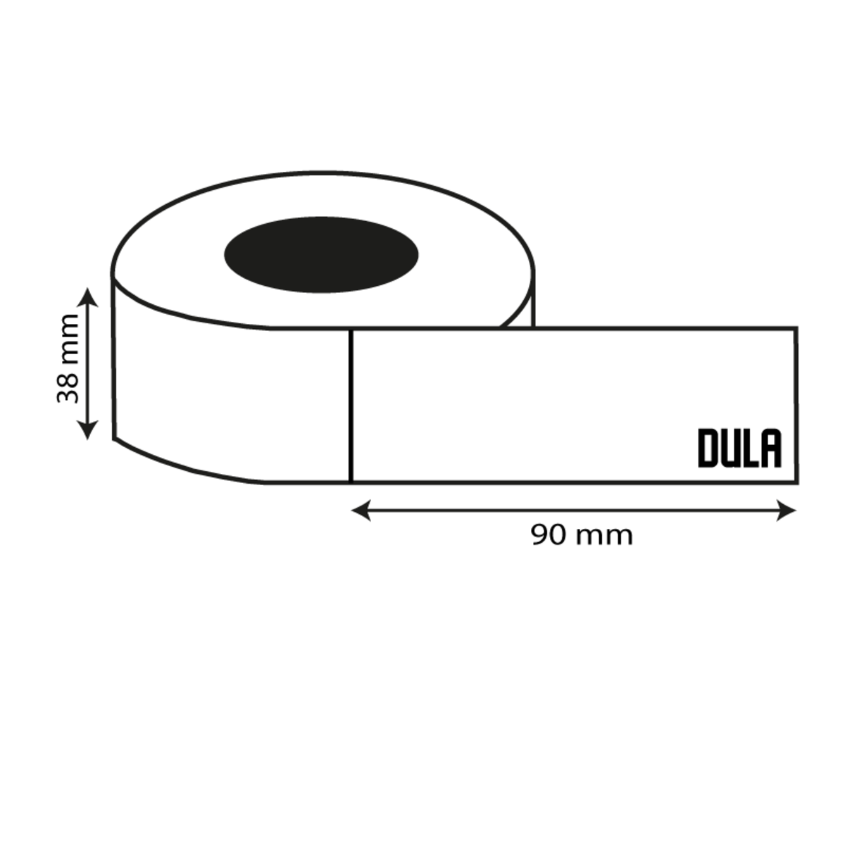 Een diagram van een witte etikettenrol met afmetingen en het DULA-logo.