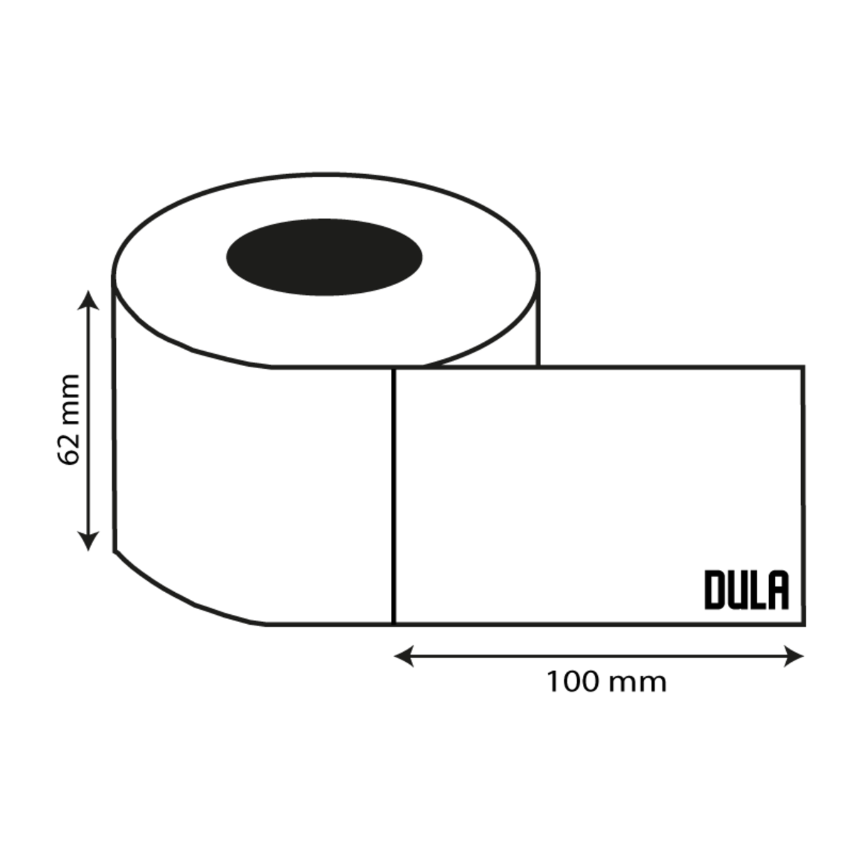 Diagram van een etiketrol met afmetingen: 62 mm hoog, 100 mm breed, DULA label.