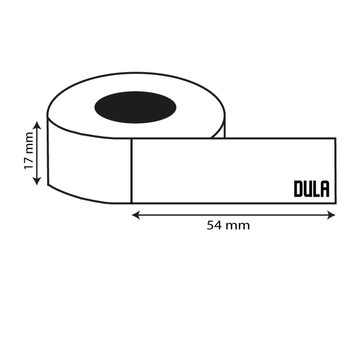 Een diagram van een labelrol met afmetingen van 17 mm x 54 mm. Label is getekend.