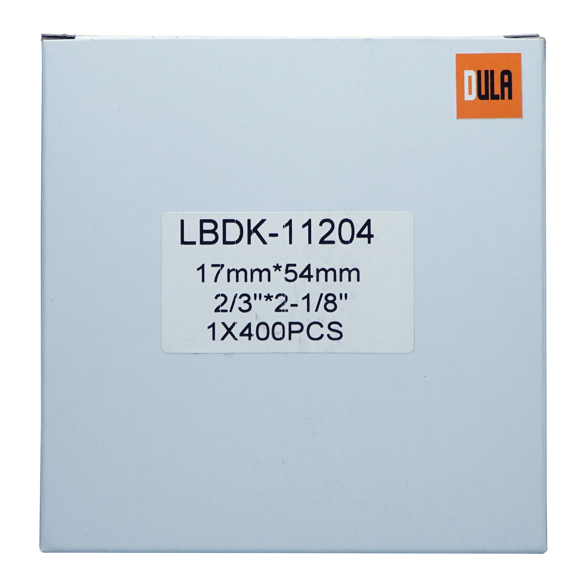Witte doos met label LBDK-11204. Oranje DULA logo. Label afmetingen: 17mm*54mm. 1x400PCS.