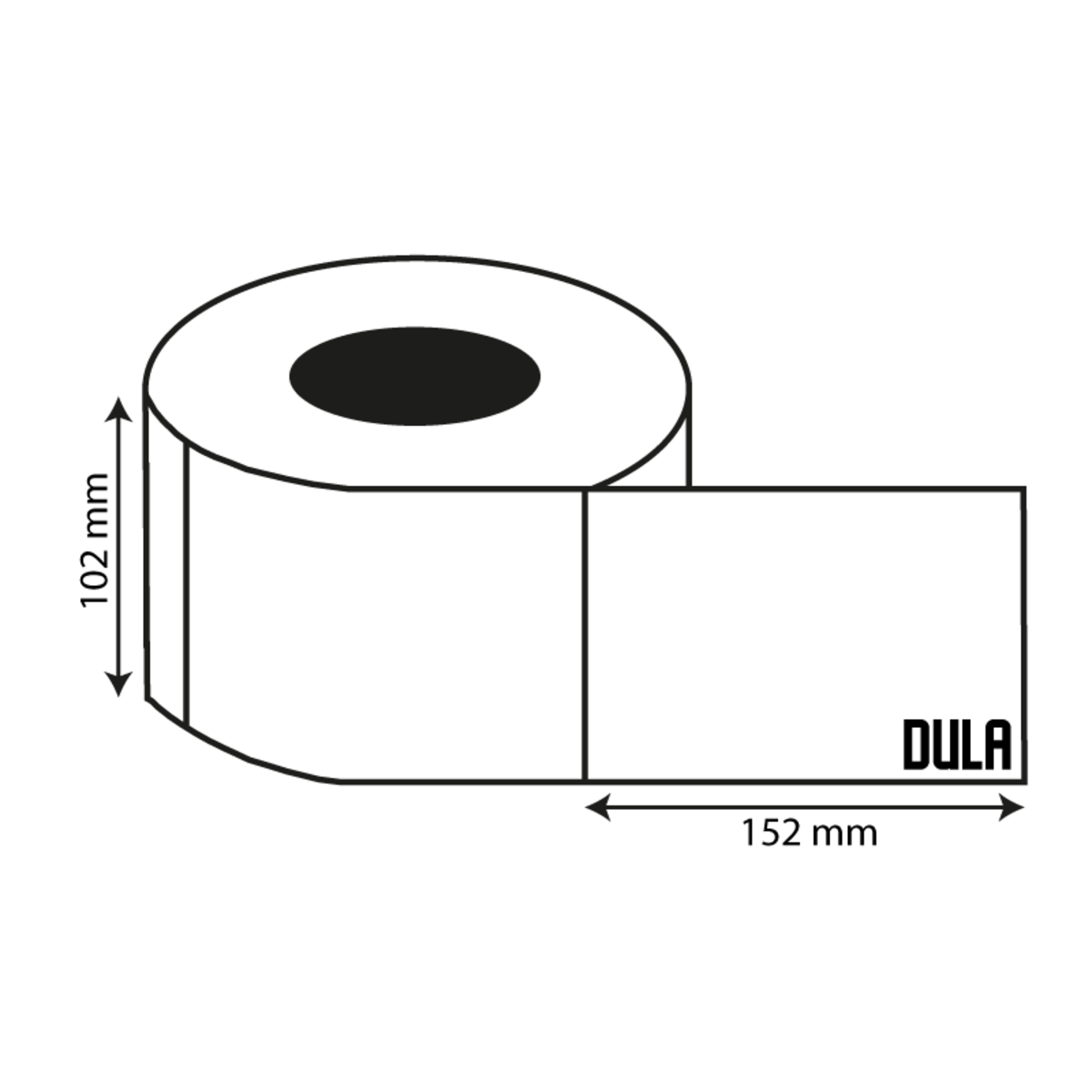 Diagram van etiketrol met afmetingen: 102 mm hoog, 152 mm breed, en DULA label.