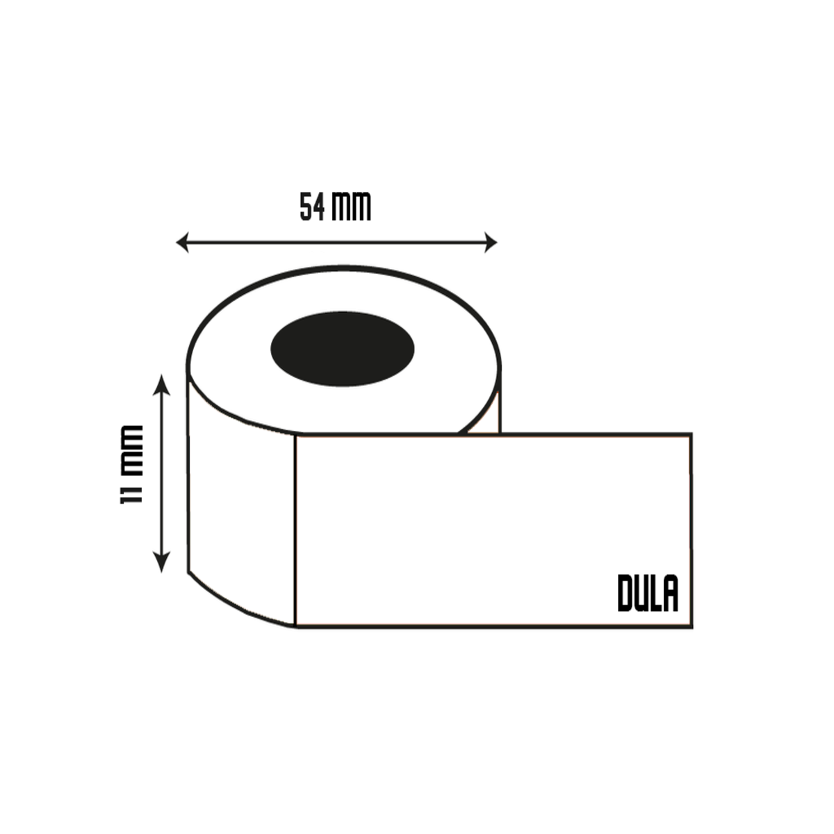 Een diagram van een wit etiket. Afmetingen zijn 11 mm en 54 mm. Een DULA-logo staat rechts.