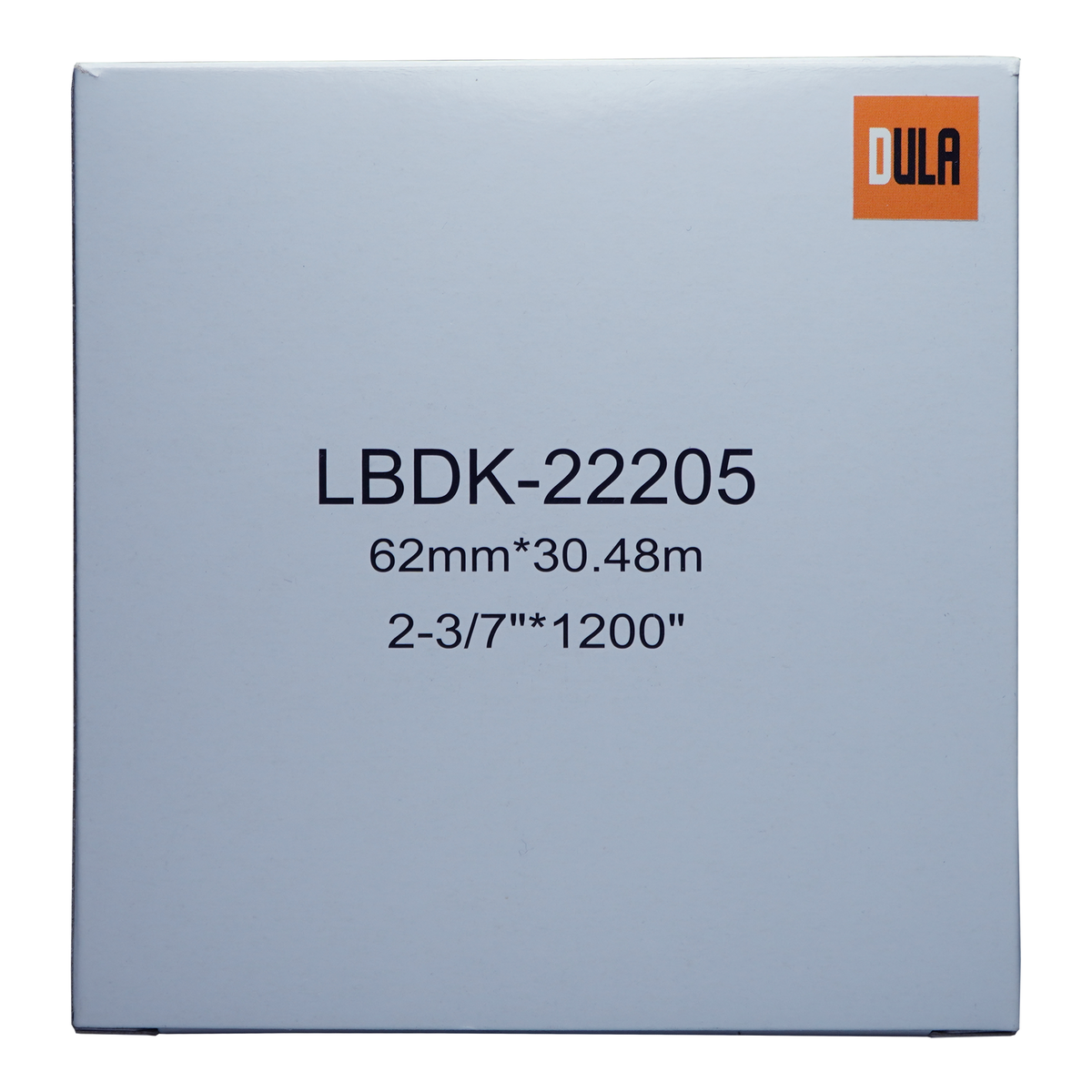 Een witte doos met label: LBDK-22205, afmetingen en tekst.