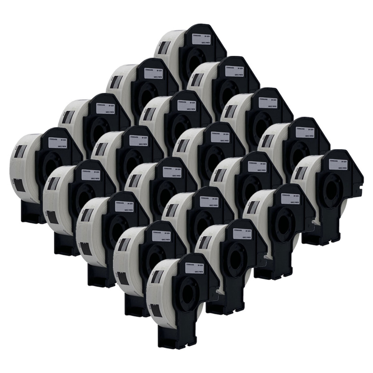 Een raster van vele labeldispensers met witte labels in elk.