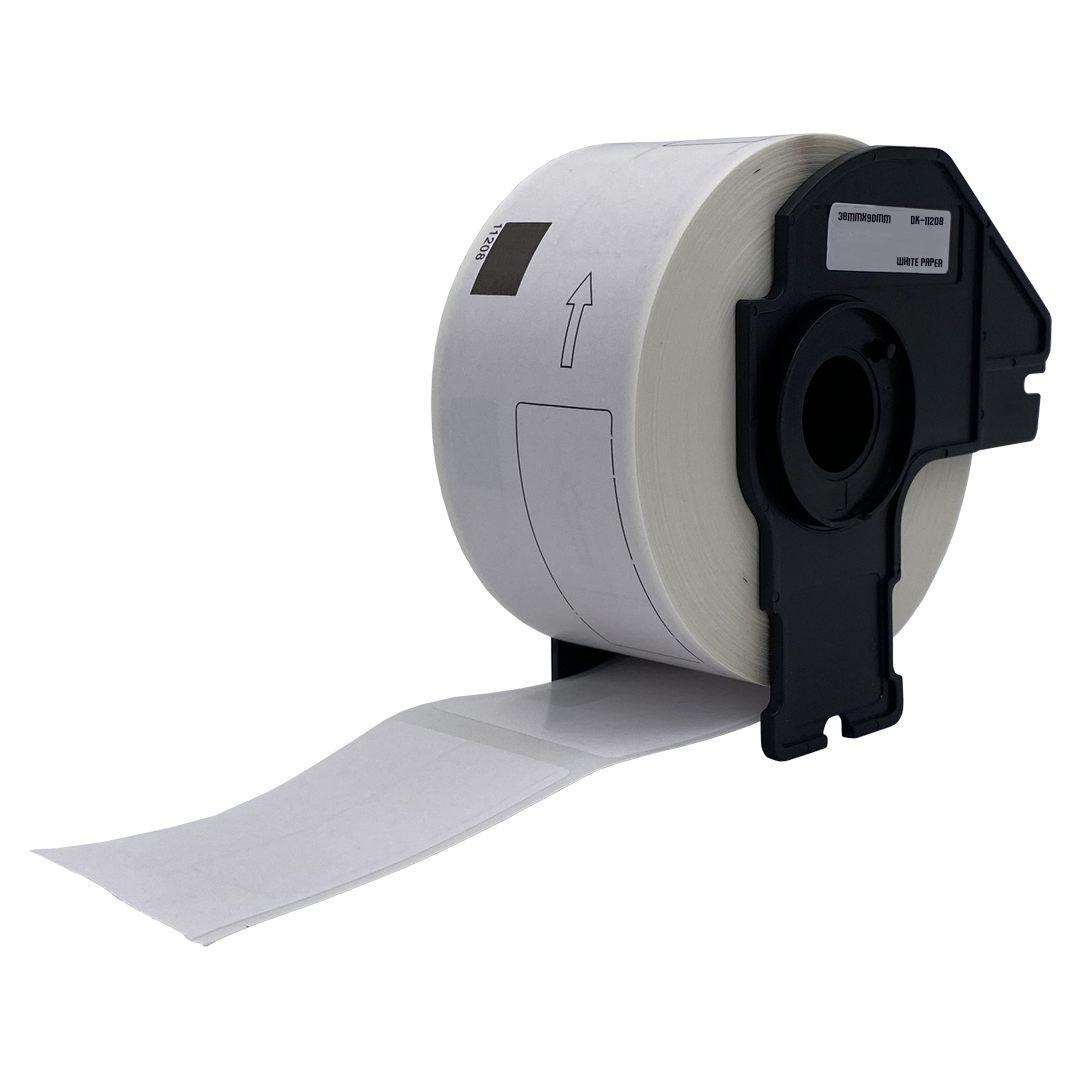 Etikettendispenser met een rol witte etiketten met een zwarte rechthoek.