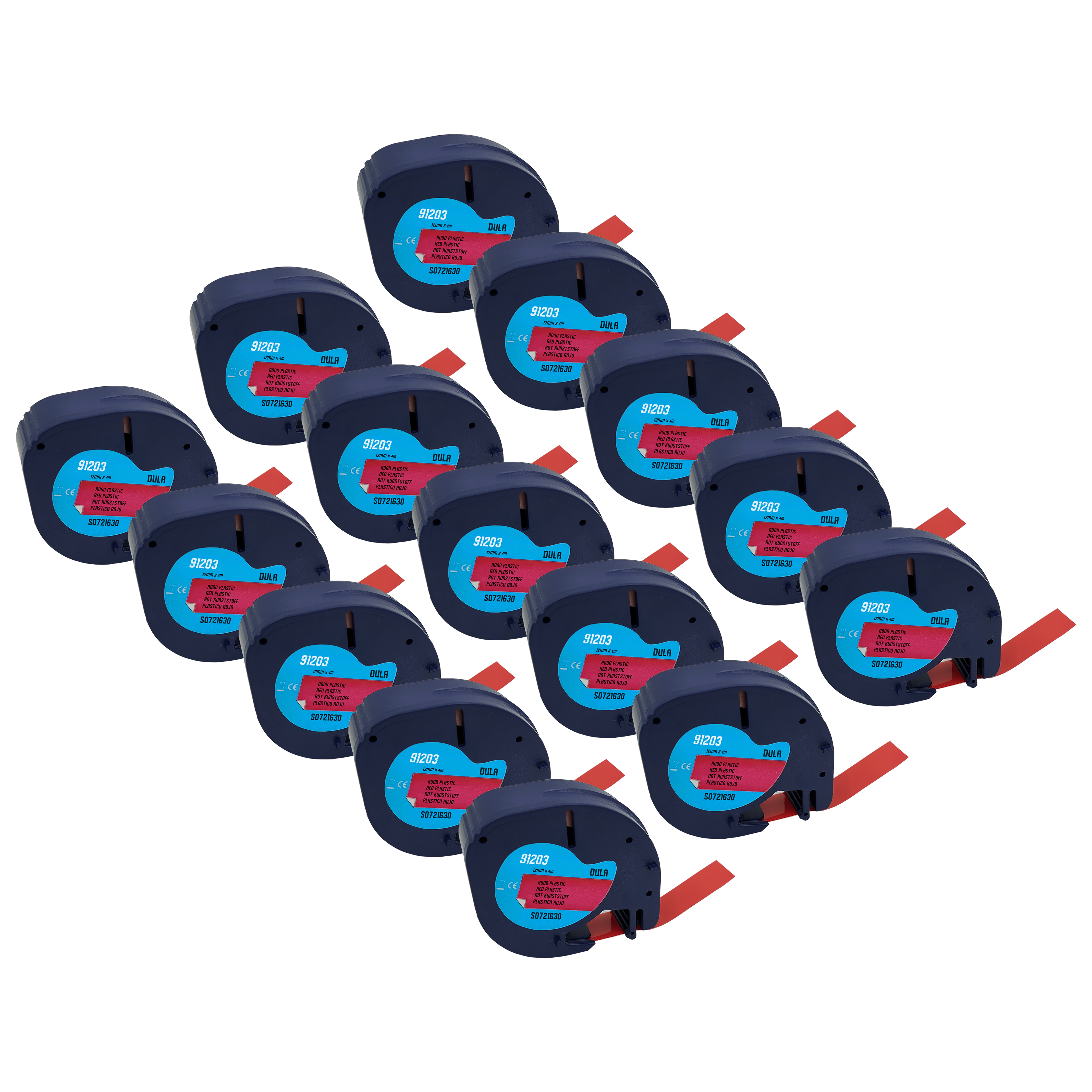 Een set van 16 blauwe labelmakers, elk met een rood label, op een donkere achtergrond. Rode pijlen markeren ze.