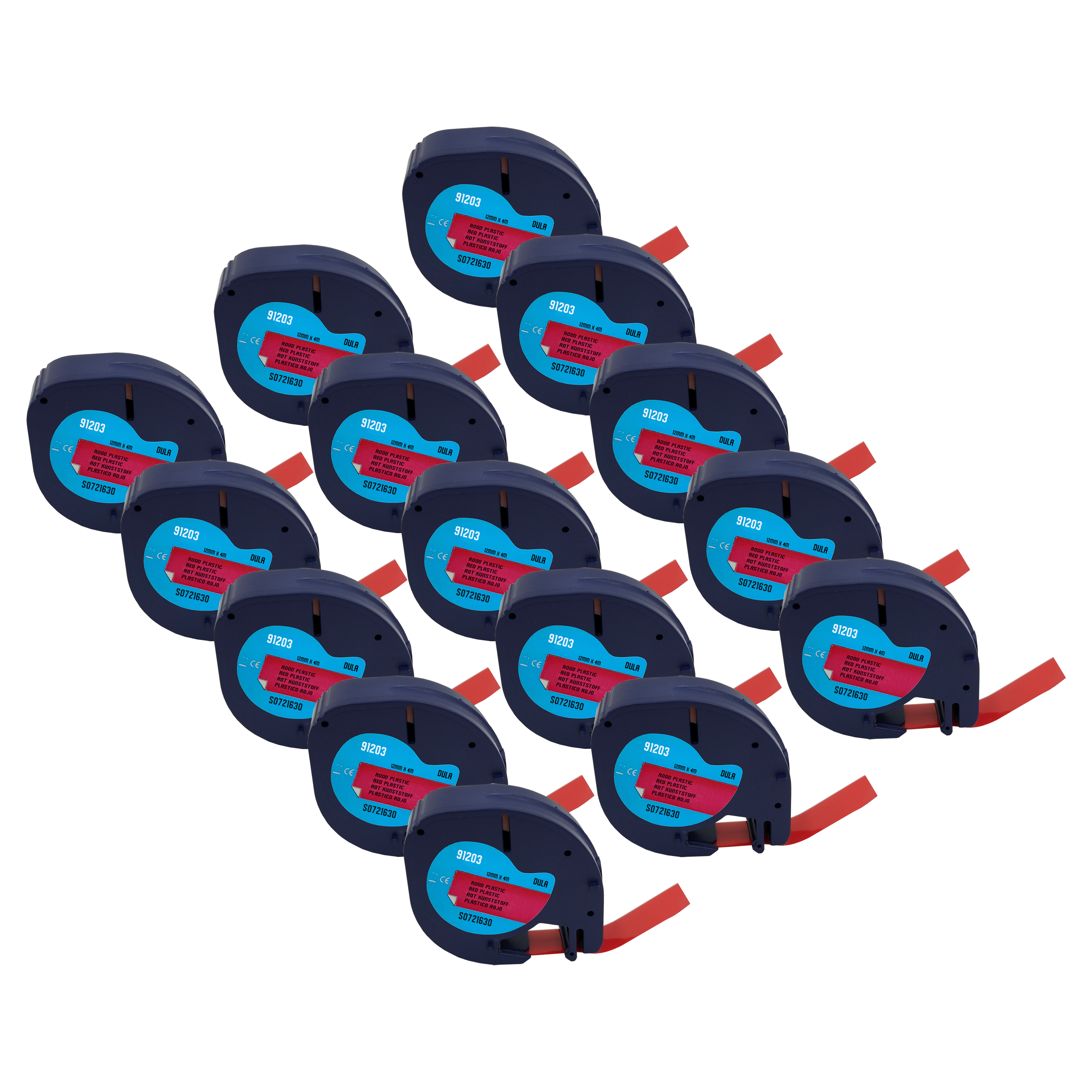 Zestien blauwe tapedispensers met rood tape. Zwarte achtergrond.