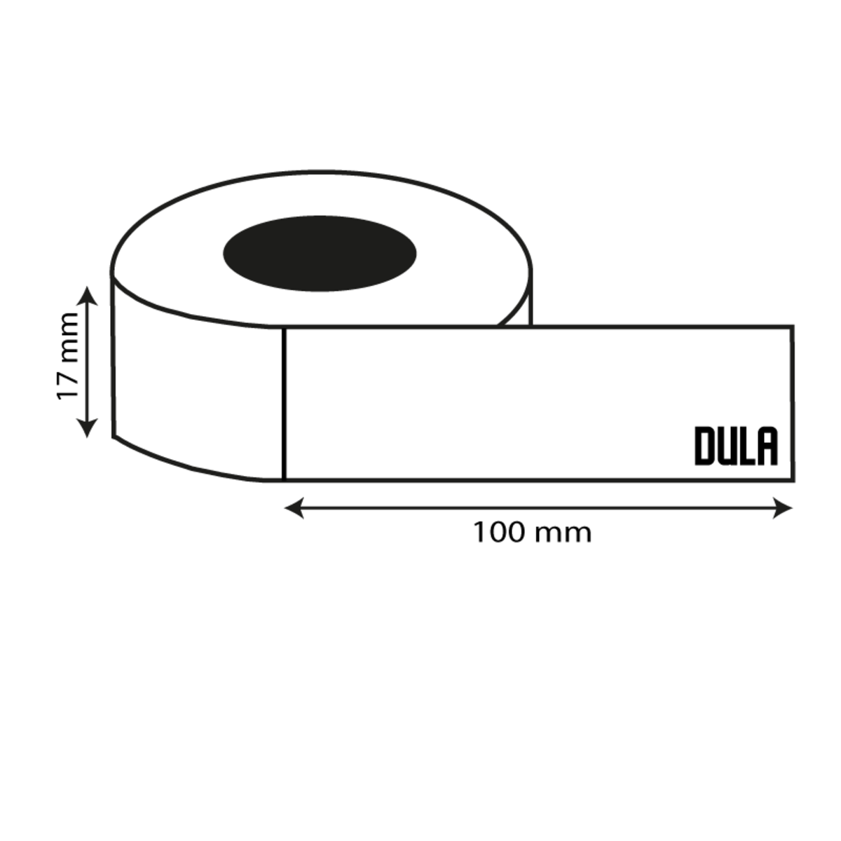 Diagram van een rol tape met afmetingen: 17 mm hoog, 100 mm lang, en het woord "DULA".