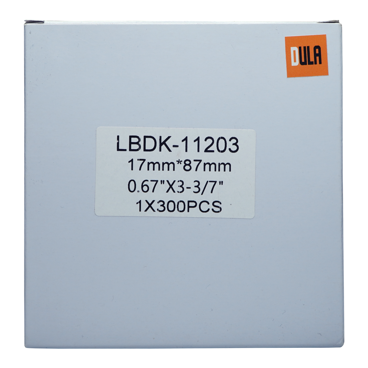 Een witte doos met label: LBDK-11203, afmetingen en tekst.