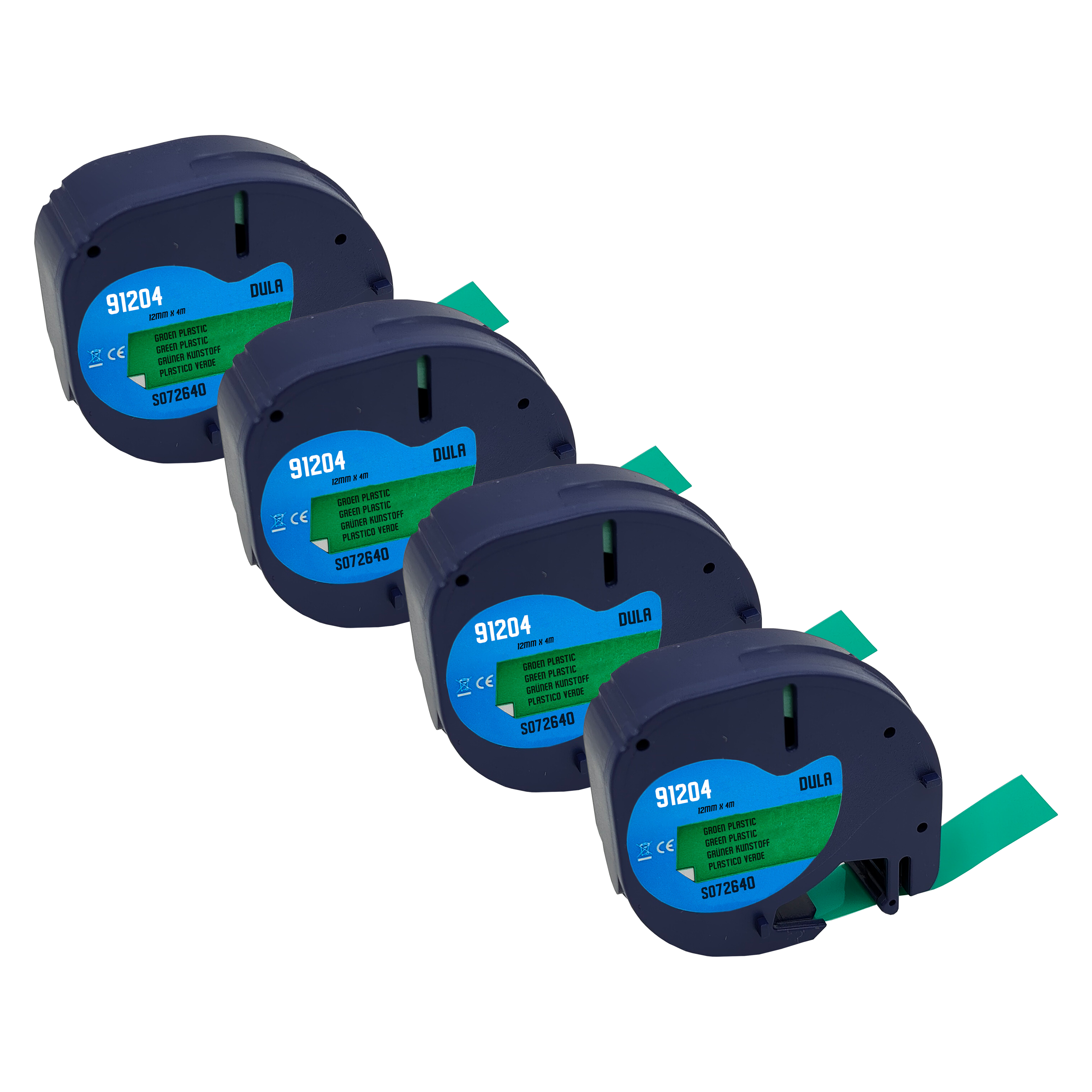 Vier blauwe etikettetape-rollen met groene tape. Elke rol heeft DULA-branding.