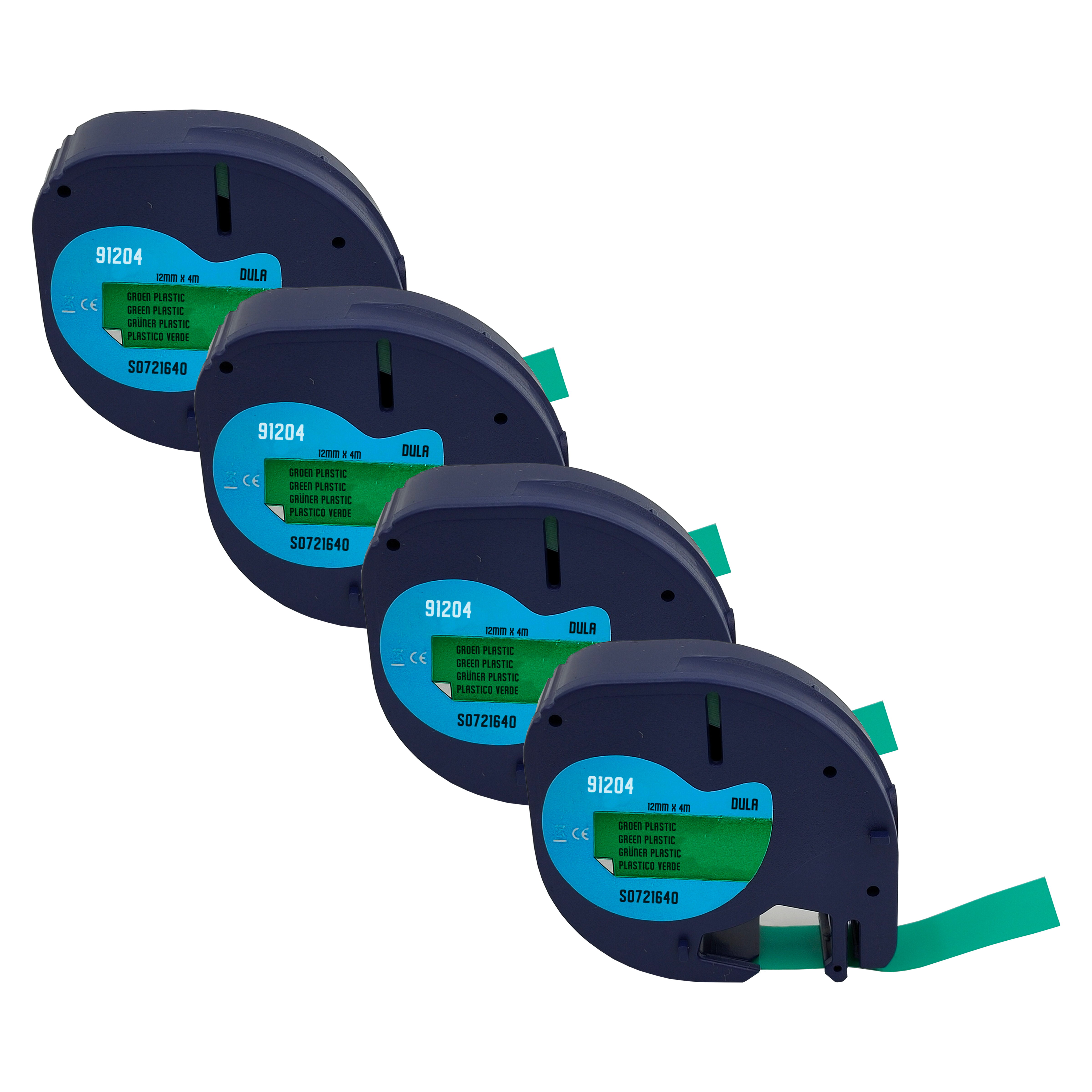 Vier blauwe tapedispensers. Groene tape strekt zich uit.