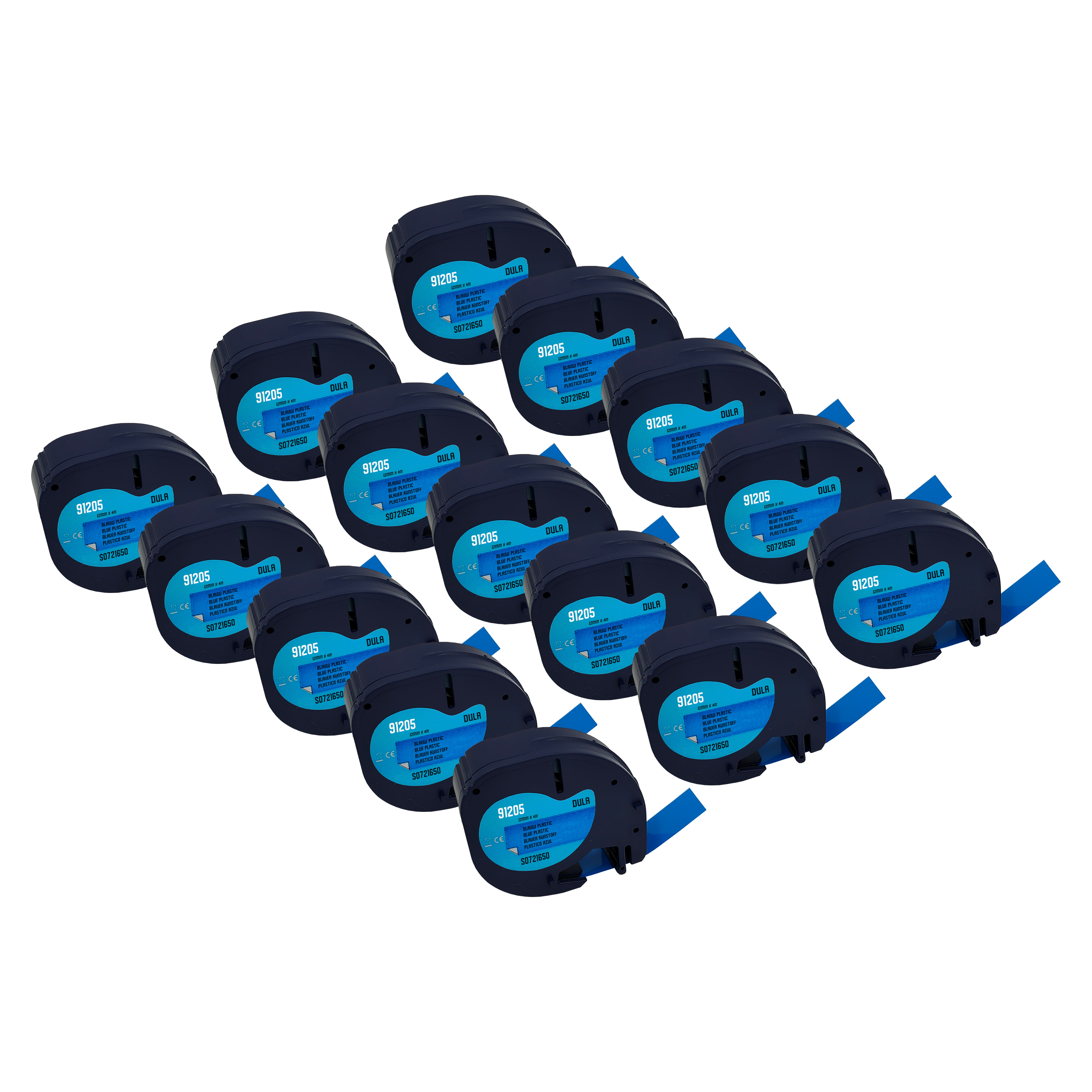 Een groep blauwe etikettentapes. Elk heeft witte labels en een zwarte basis.
