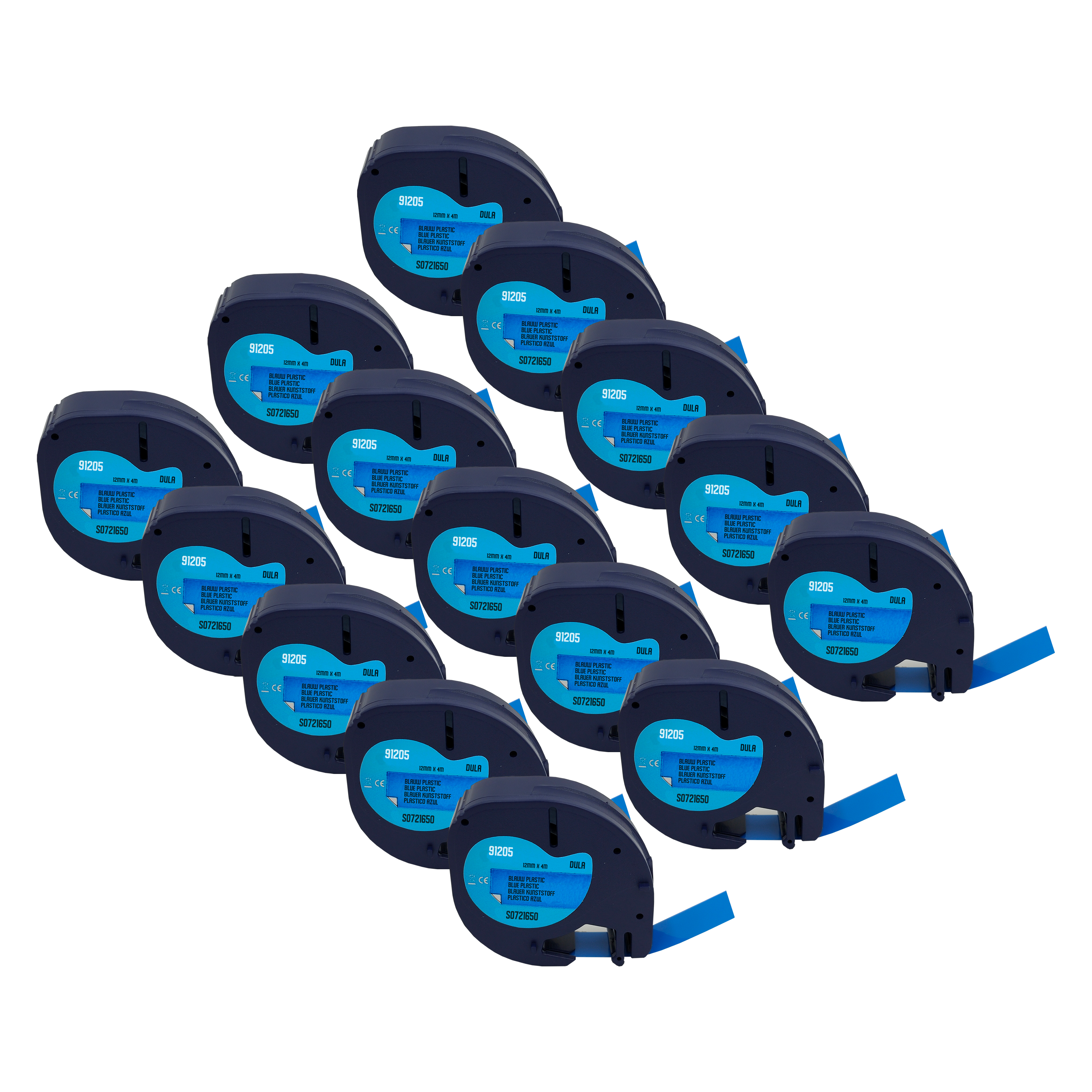 Een verzameling zwarte en blauwe labelmaker-cartridges op een zwarte achtergrond.