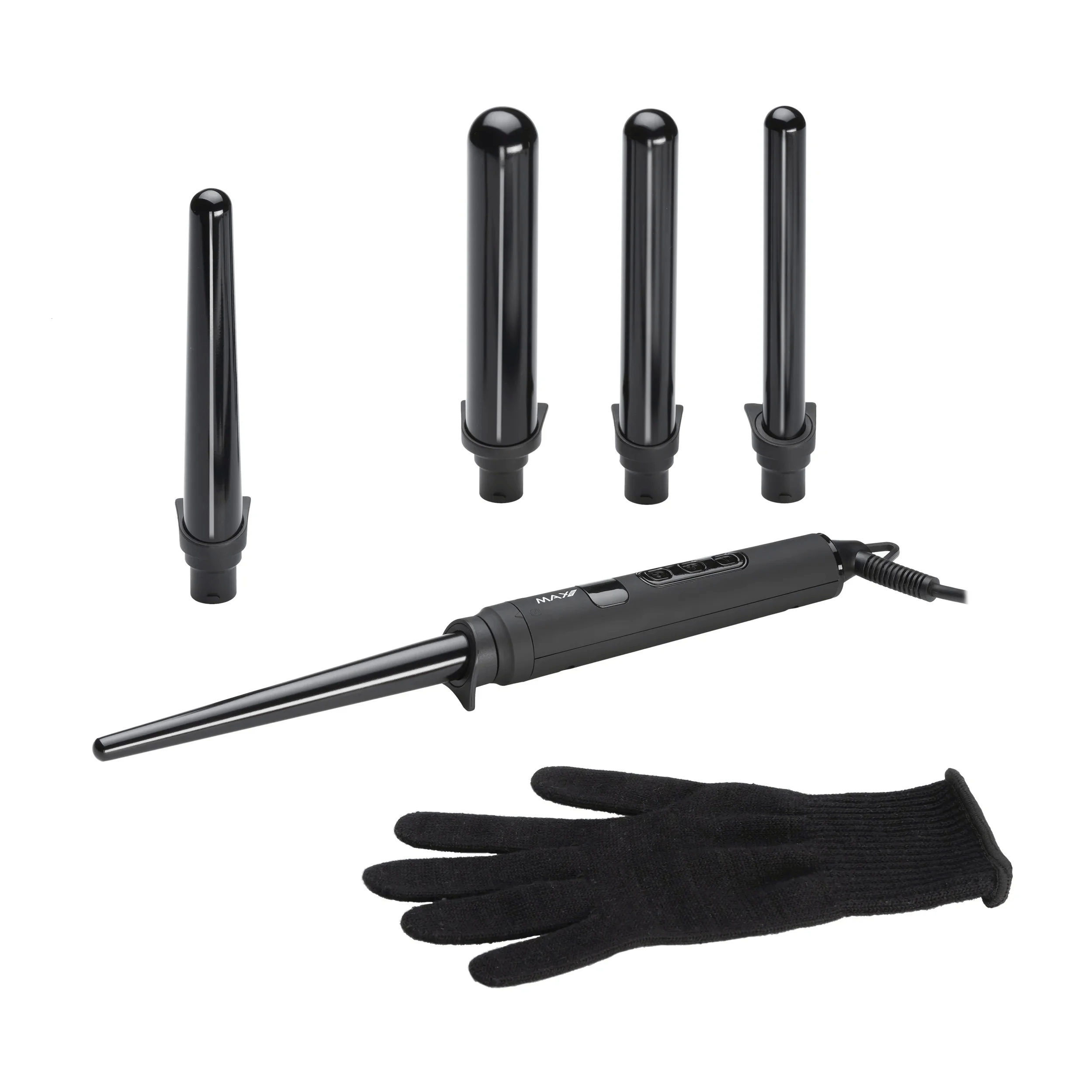 Ein Set Lockenstabaufsätze und ein schwarzer Handschuh. Die Aufsätze sind schwarz.