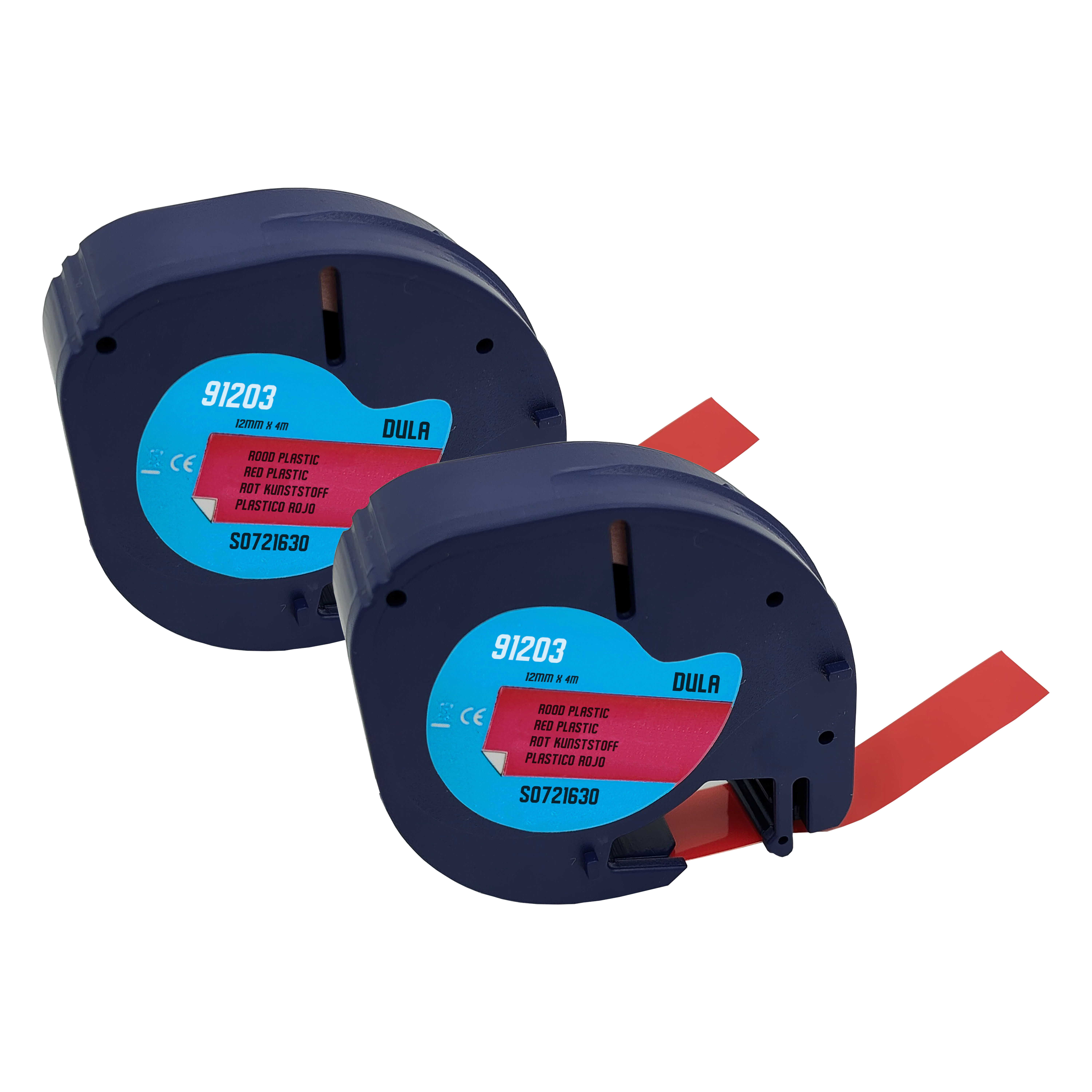 Twee marineblauwe labelmakers met rode tape. Tekst op de labelmakers: 91203.