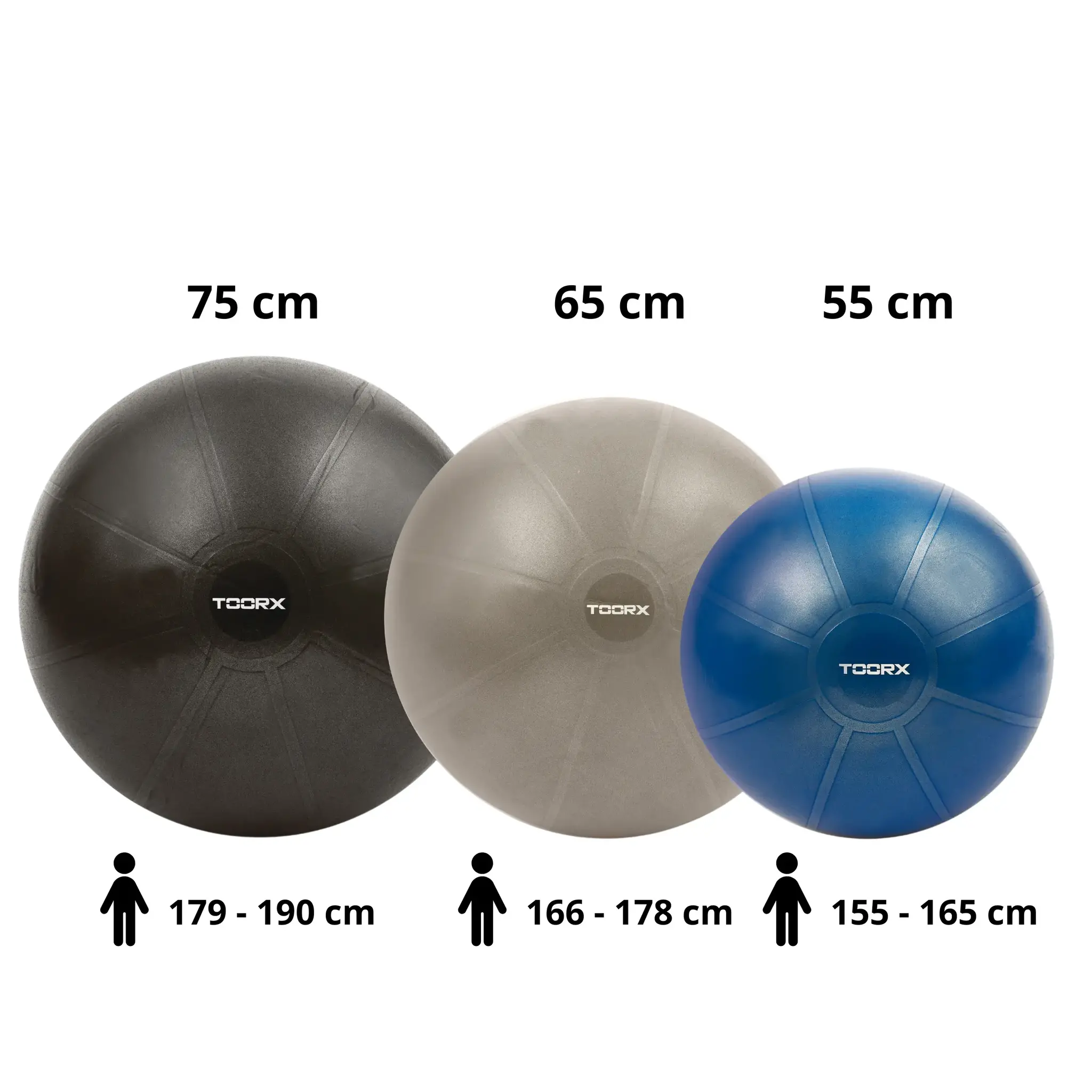 Drie fitnessballen in verschillende maten. Zwart, grijs en blauw. Witte achtergrond.