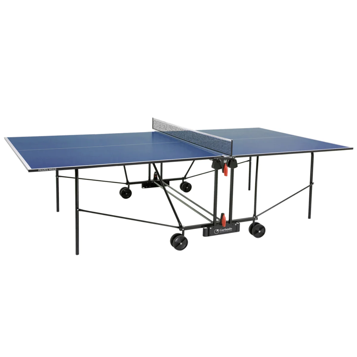 A blue ping pong table with a net. Black legs and wheels are visible.