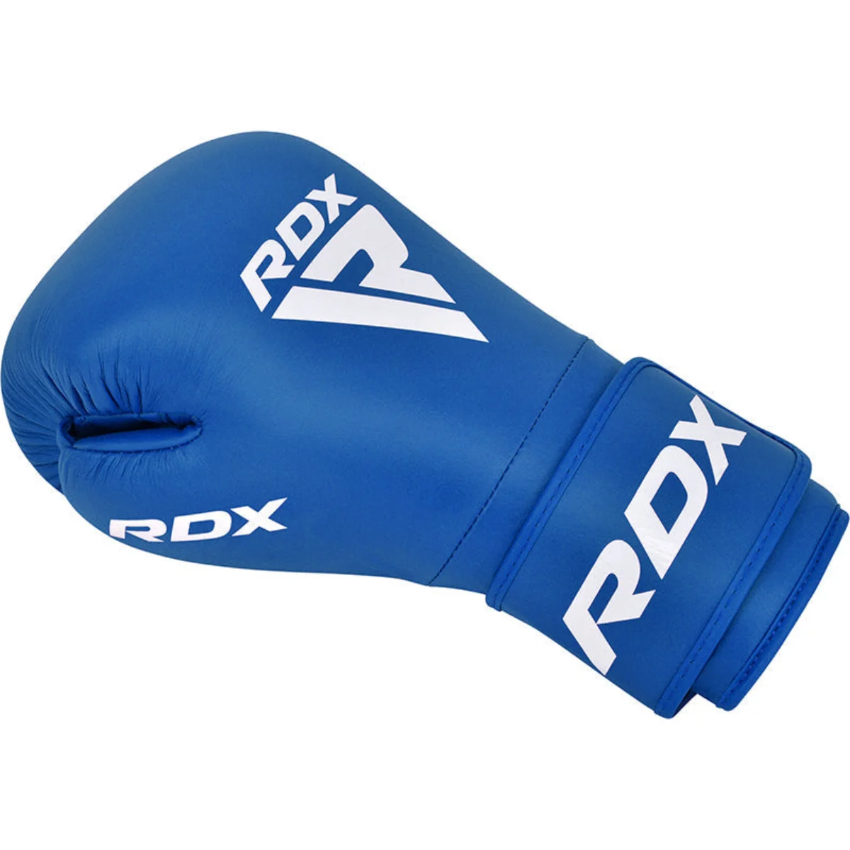 A blue boxing glove. The glove has 'RDX' and a white logo on it. It is laying flat.