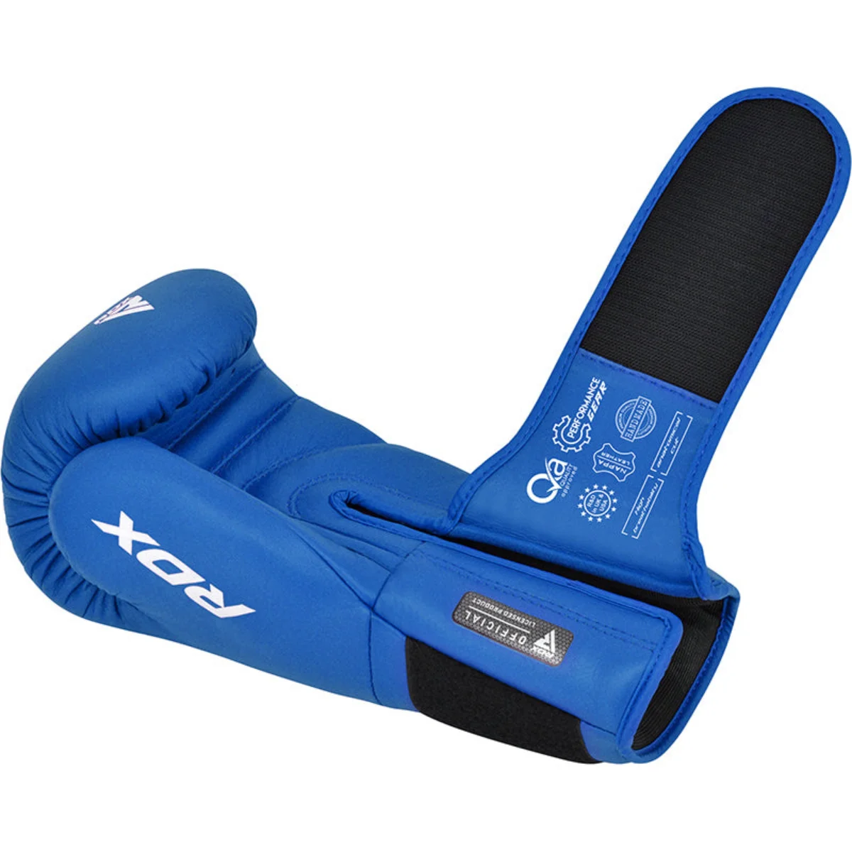 Blue boxing glove with white RDX branding and details on the strap.
