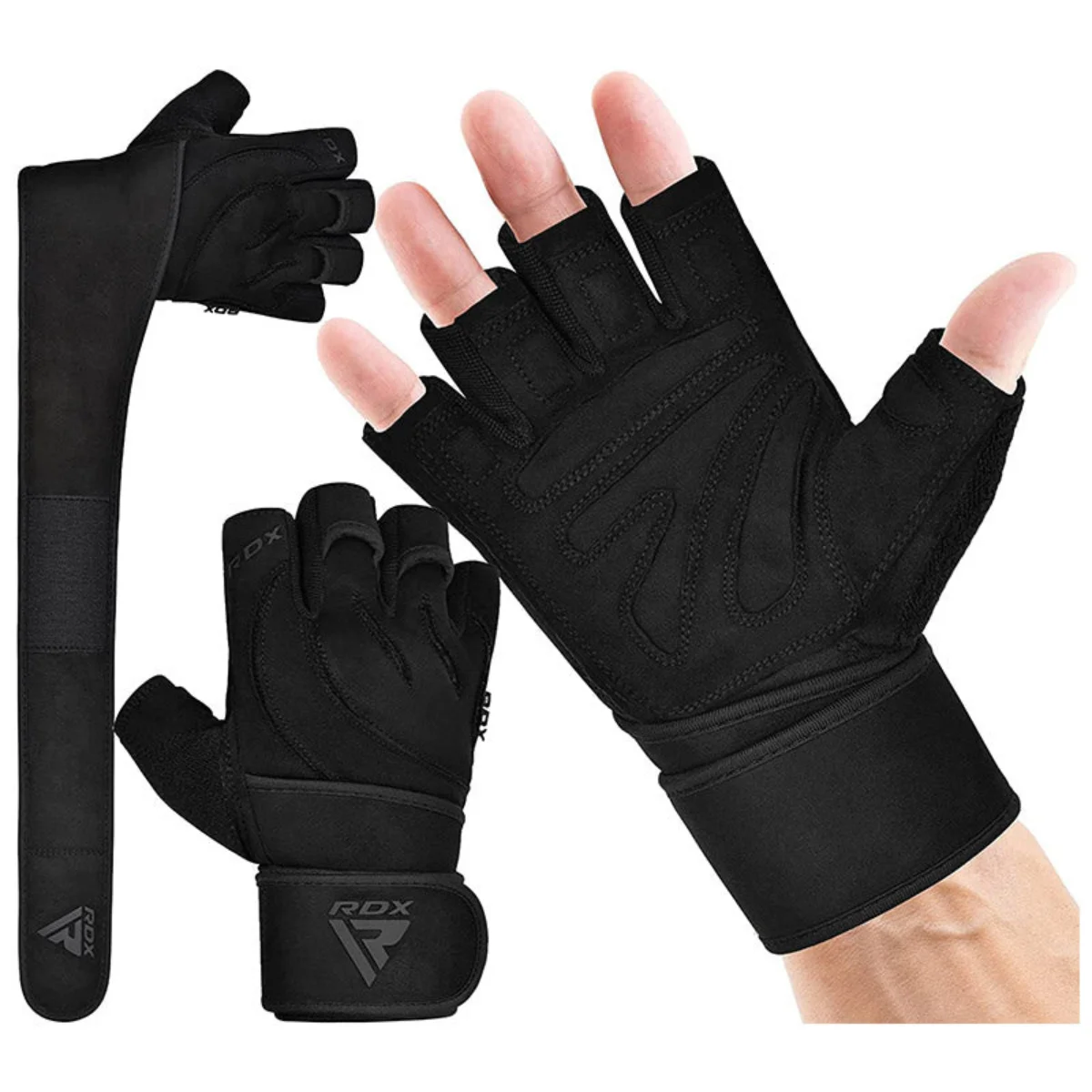 Zwarte gewichthefhandschoenen. Er zijn drie handschoenen en een polssteun te zien.