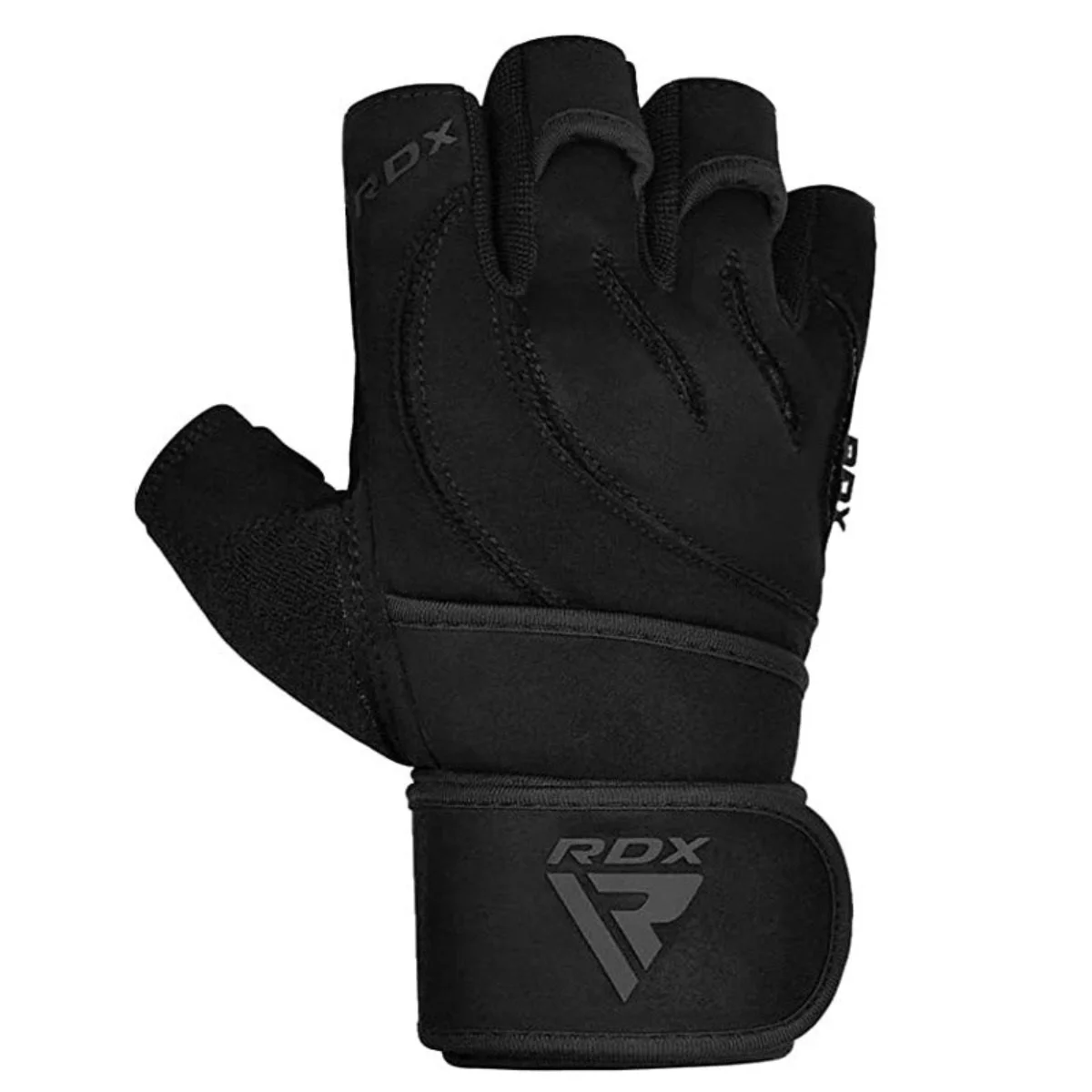 Zwarte RDX gewichthef handschoenen. Open vingers met polsband. 'RDX' logo zichtbaar.