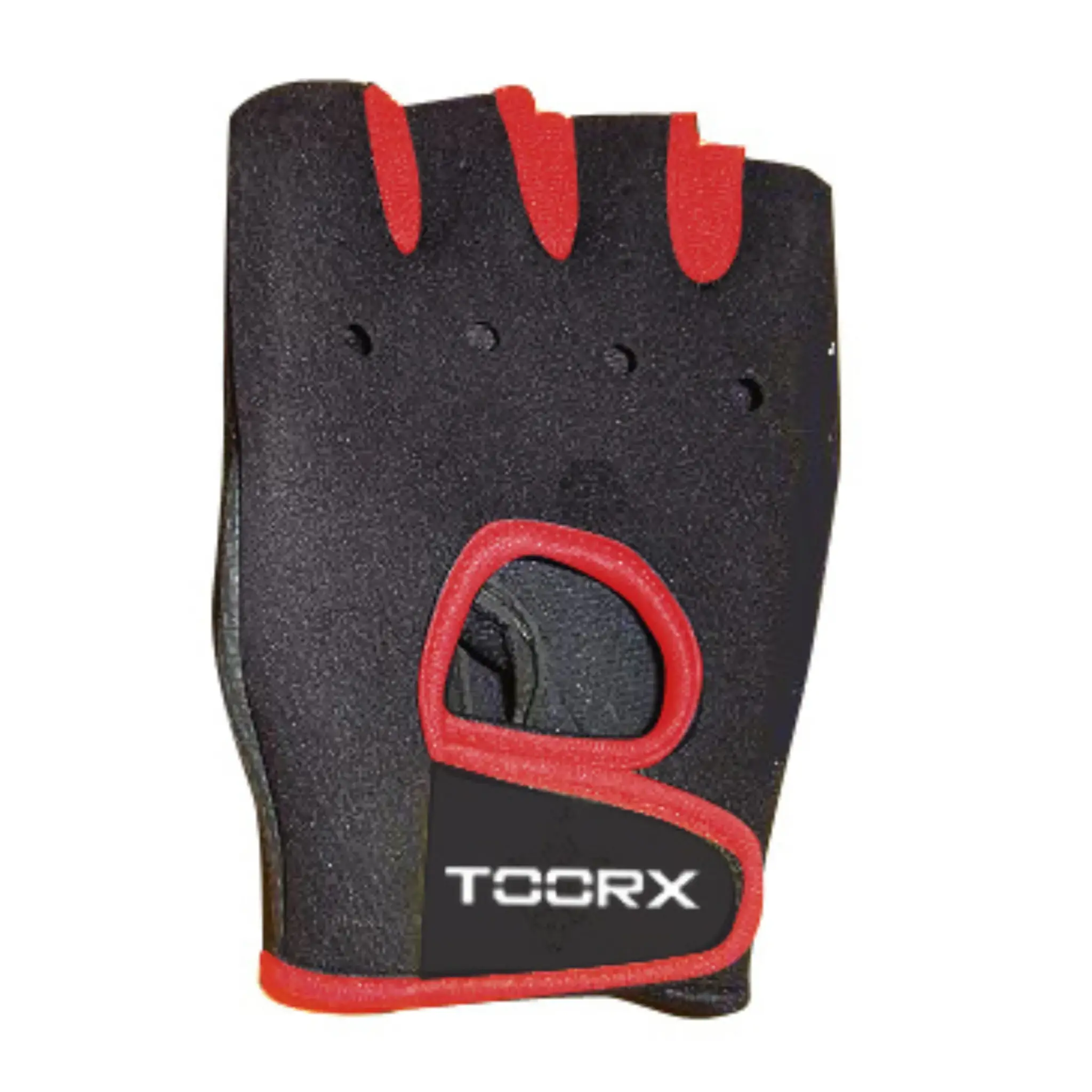 Gant d'haltérophilie noir et rouge. Il a des trous pour les doigts et la marque TCCRX.