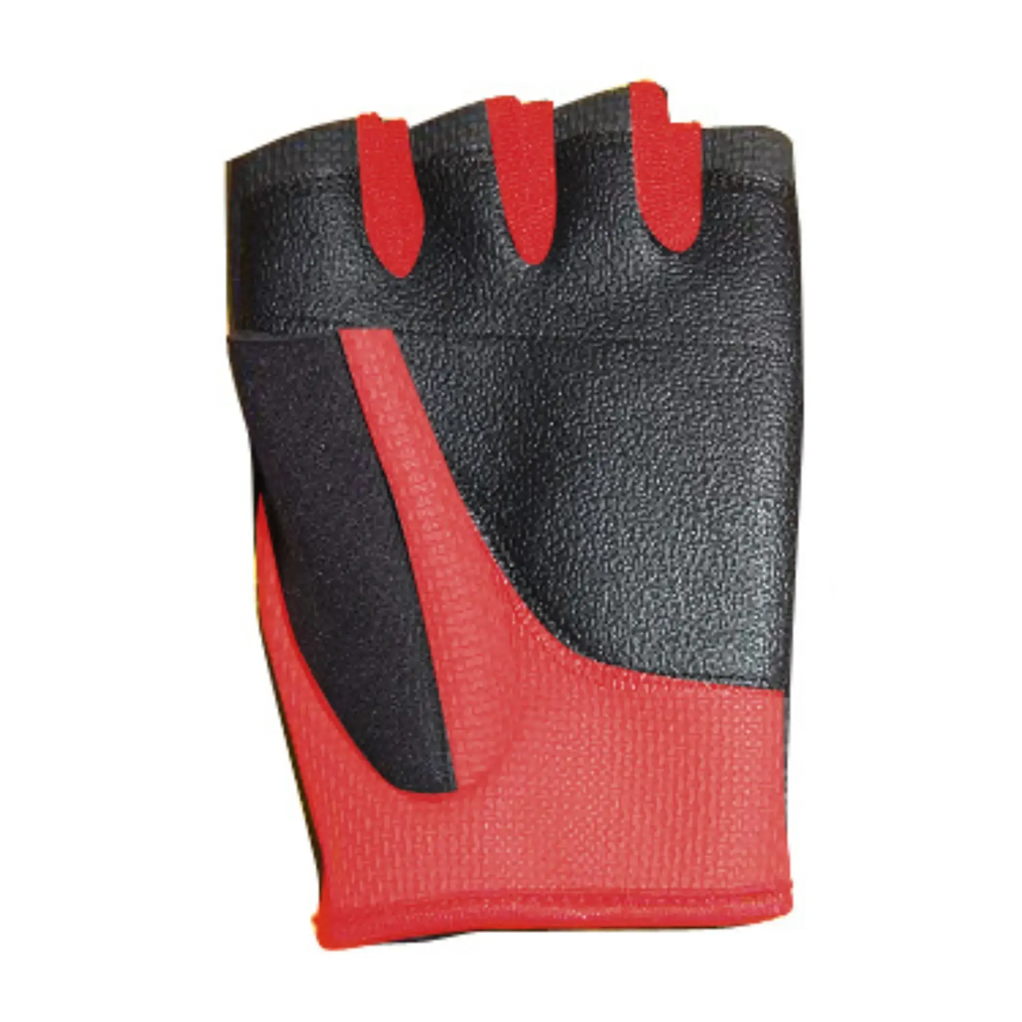 Gant d'exercice rouge et noir sur fond blanc, vue rapprochée.