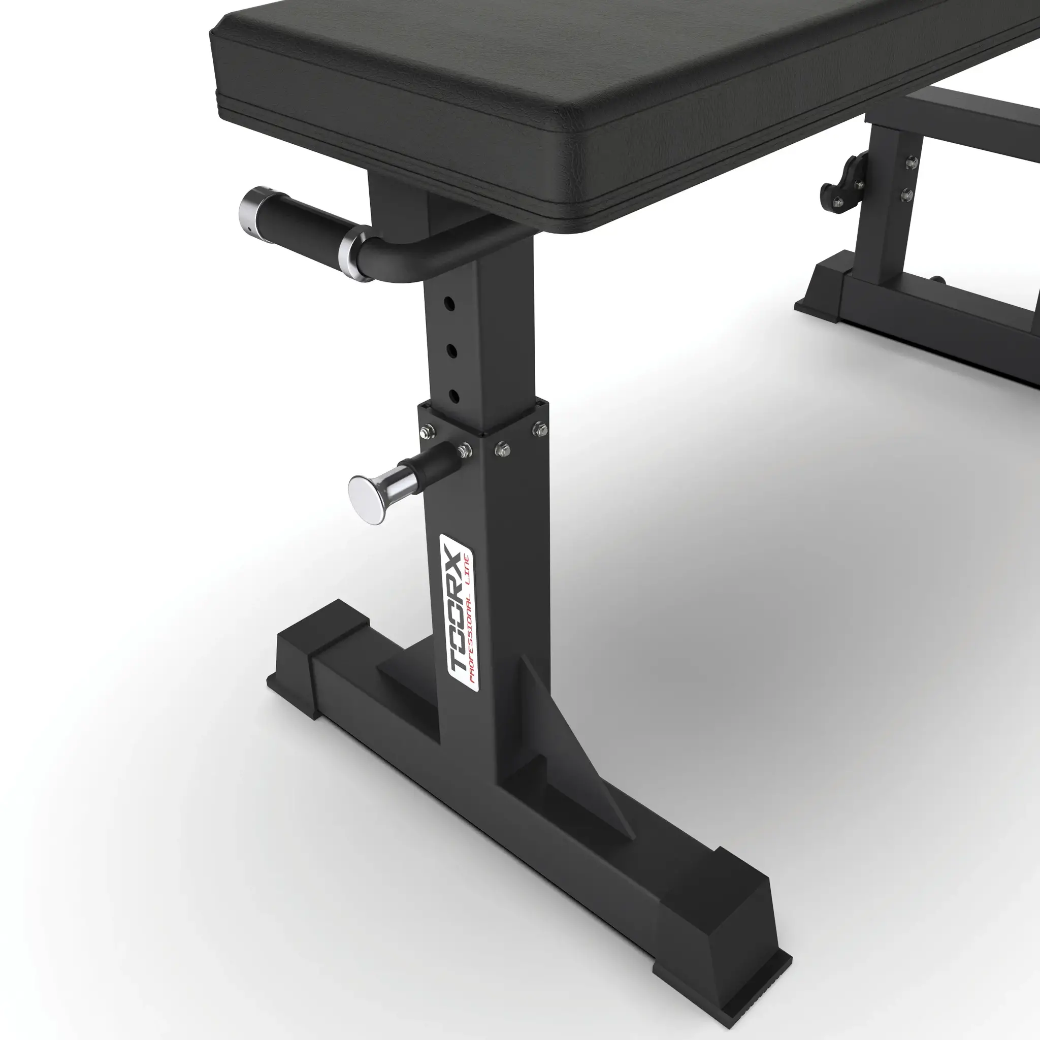 Black weight bench with black pad, frame, and adjustable supports. White background.