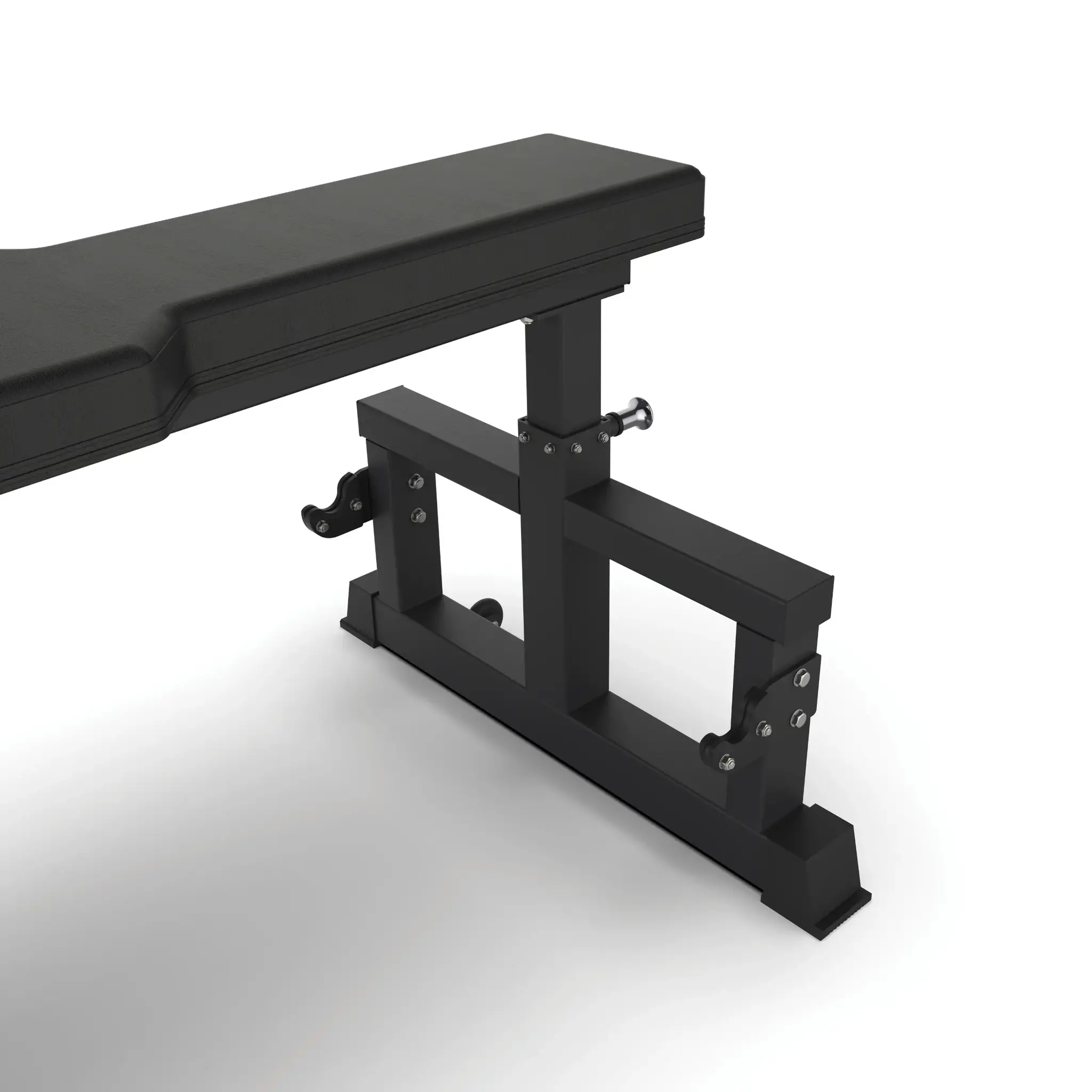 Black weight bench, a metal frame, and a black bench top.
