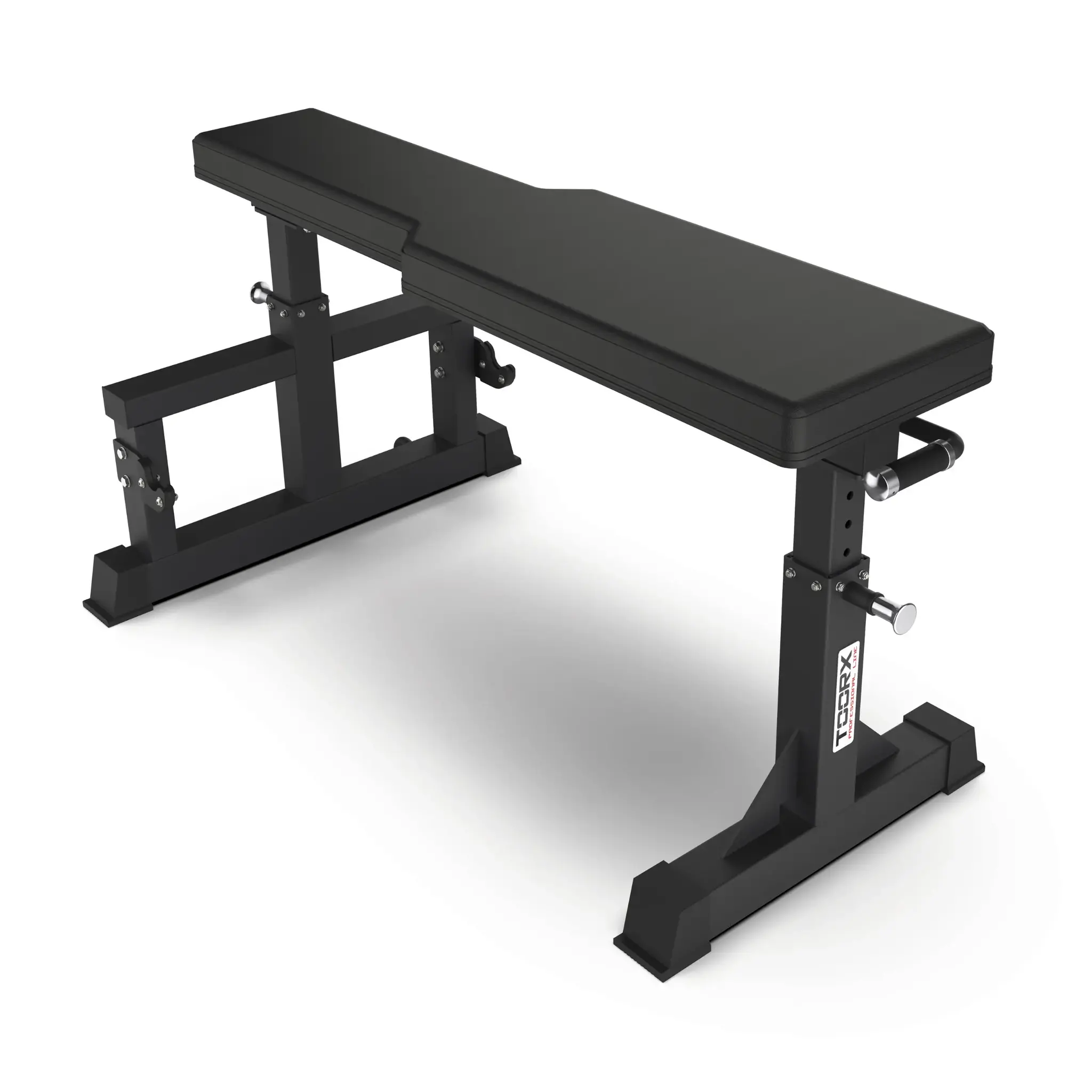 Black weight bench with adjustable features on a white background.