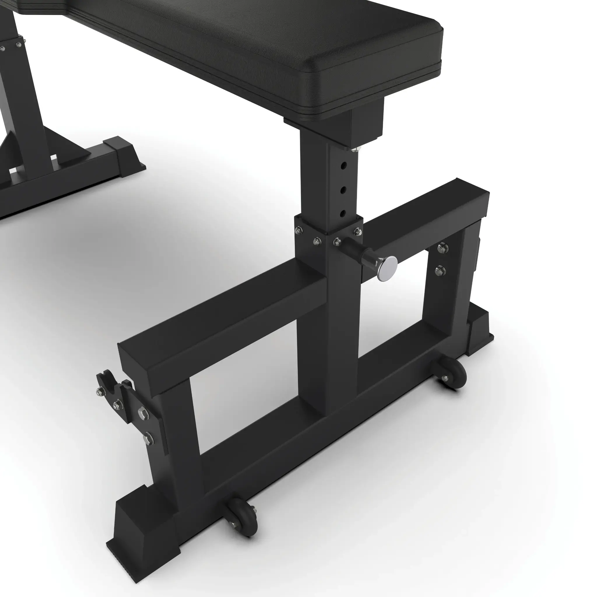Black weight bench on white. Adjustable height and wheels are visible. Front view.