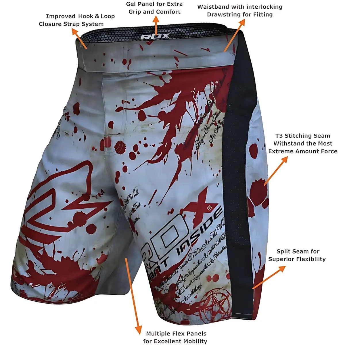 MMA-shorts met een bloedachtige spatontwerp en tekst, met gelabelde kenmerken en RDX-branding.