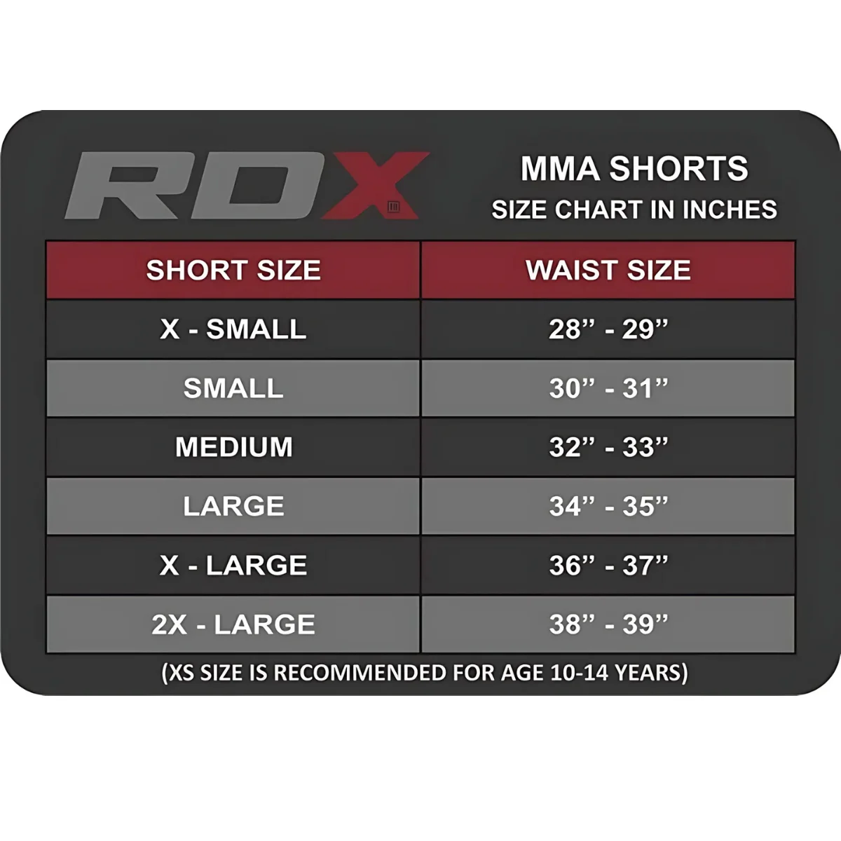 Maattabel voor MMA-shorts. Toont de maat in inches.