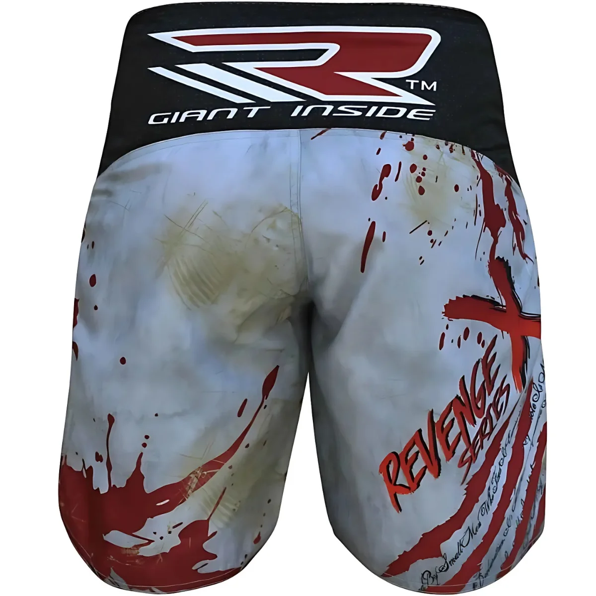 MMA-gevechtsshorts met een rood kruisontwerp en de woorden "REVENGE SERIES".