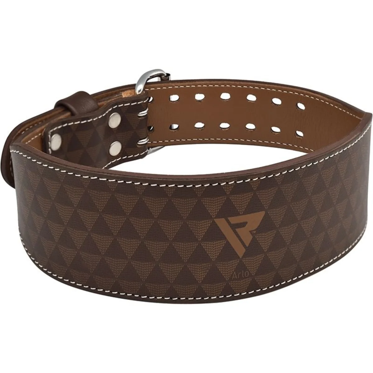 Bruine leren gewichthefband met een logo. Witte stiksels en een zilveren gesp.