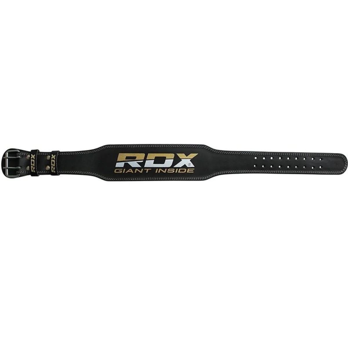 Black weightlifting belt with "RDX GIANT INSIDE" in gold letters and a silver buckle.