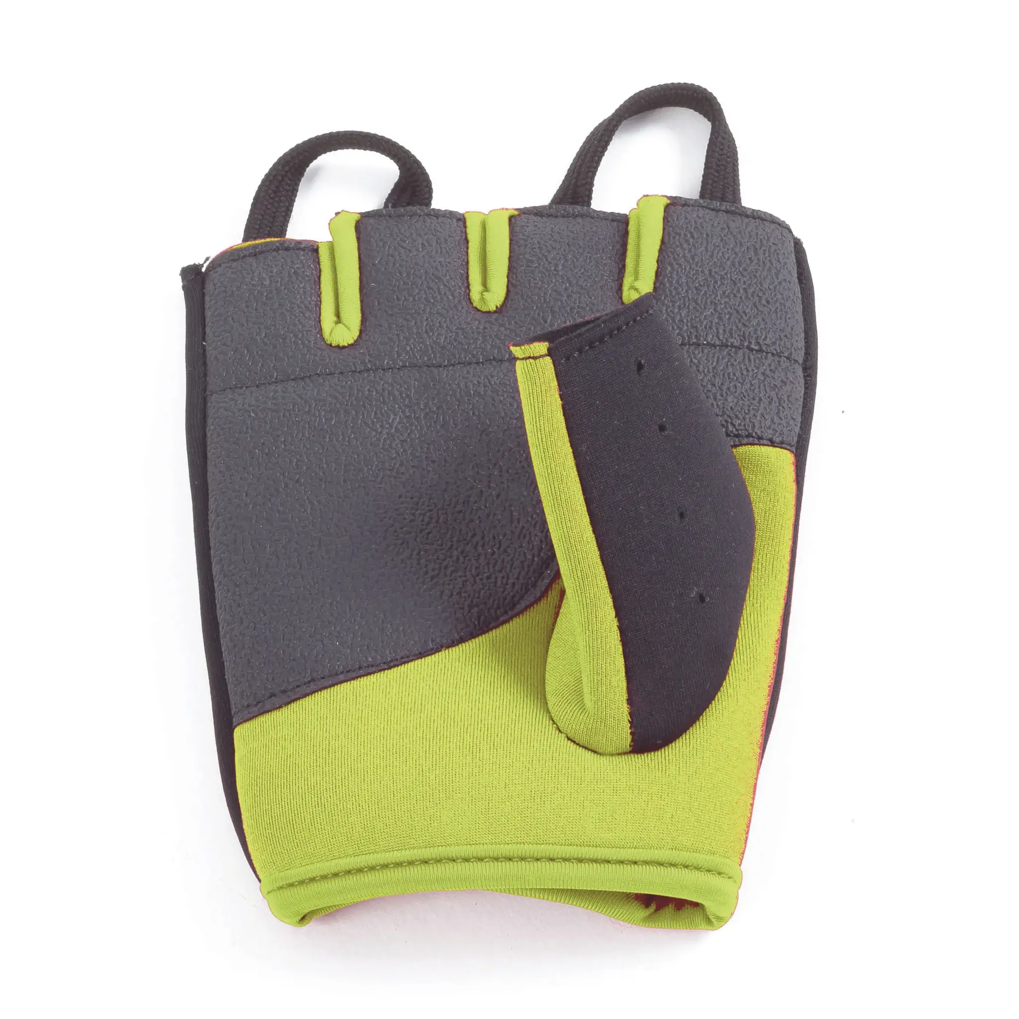 A black and green weightlifting glove with finger holes. Bright green accents are visible.