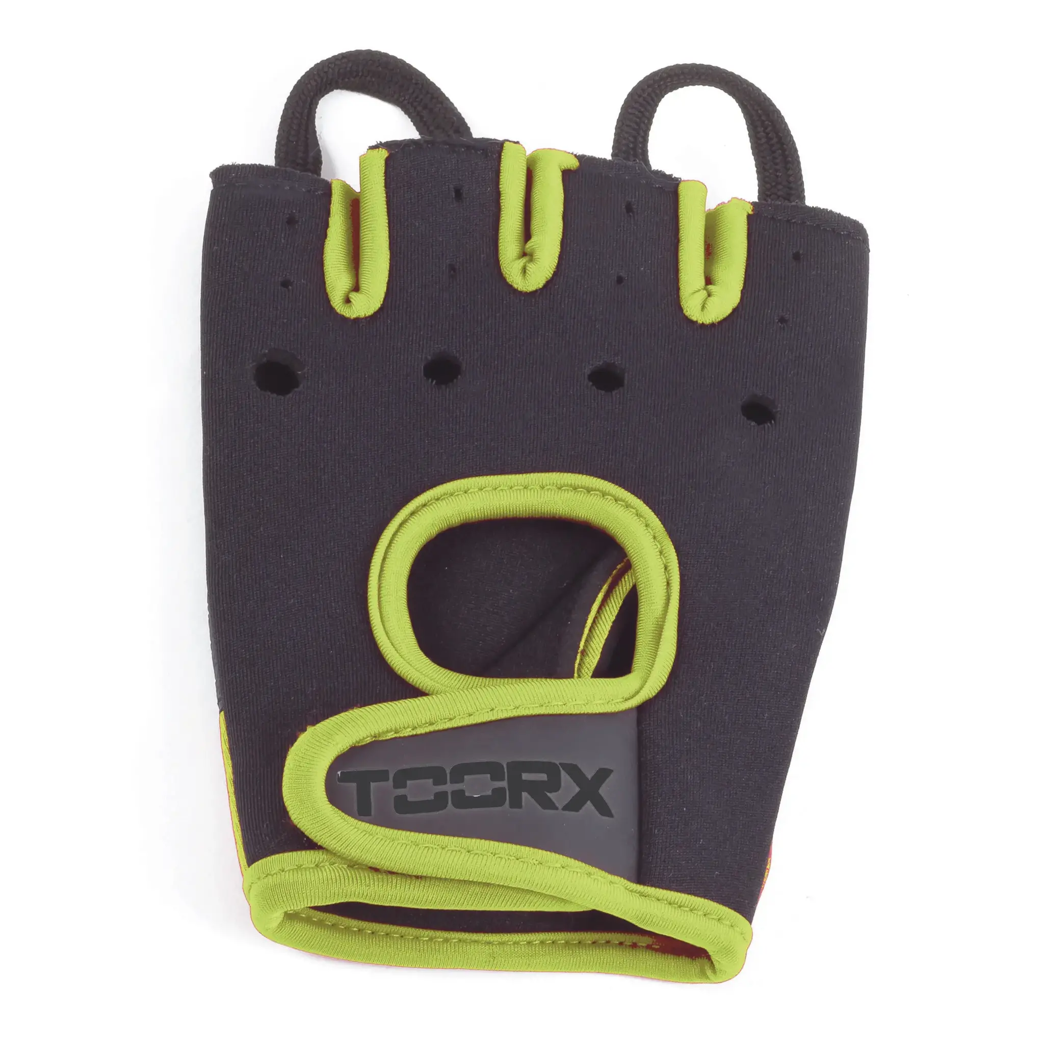 Black and green weightlifting gloves with finger loops. The brand name is "TOCRX".